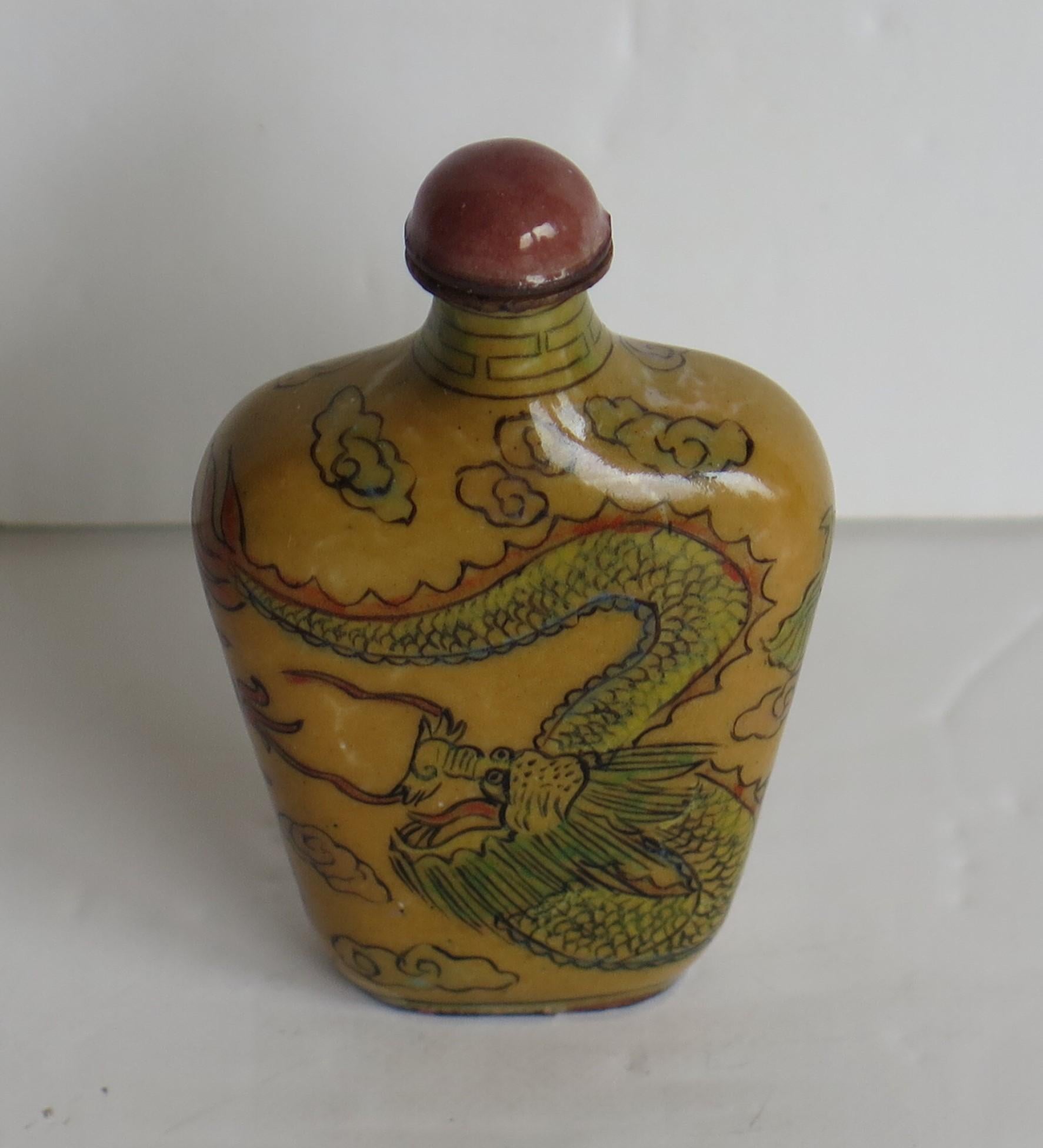 Chinese Snuff Bottle Hand Enamelled Dragons on Copper & Spoon Top, circa 1920s 2