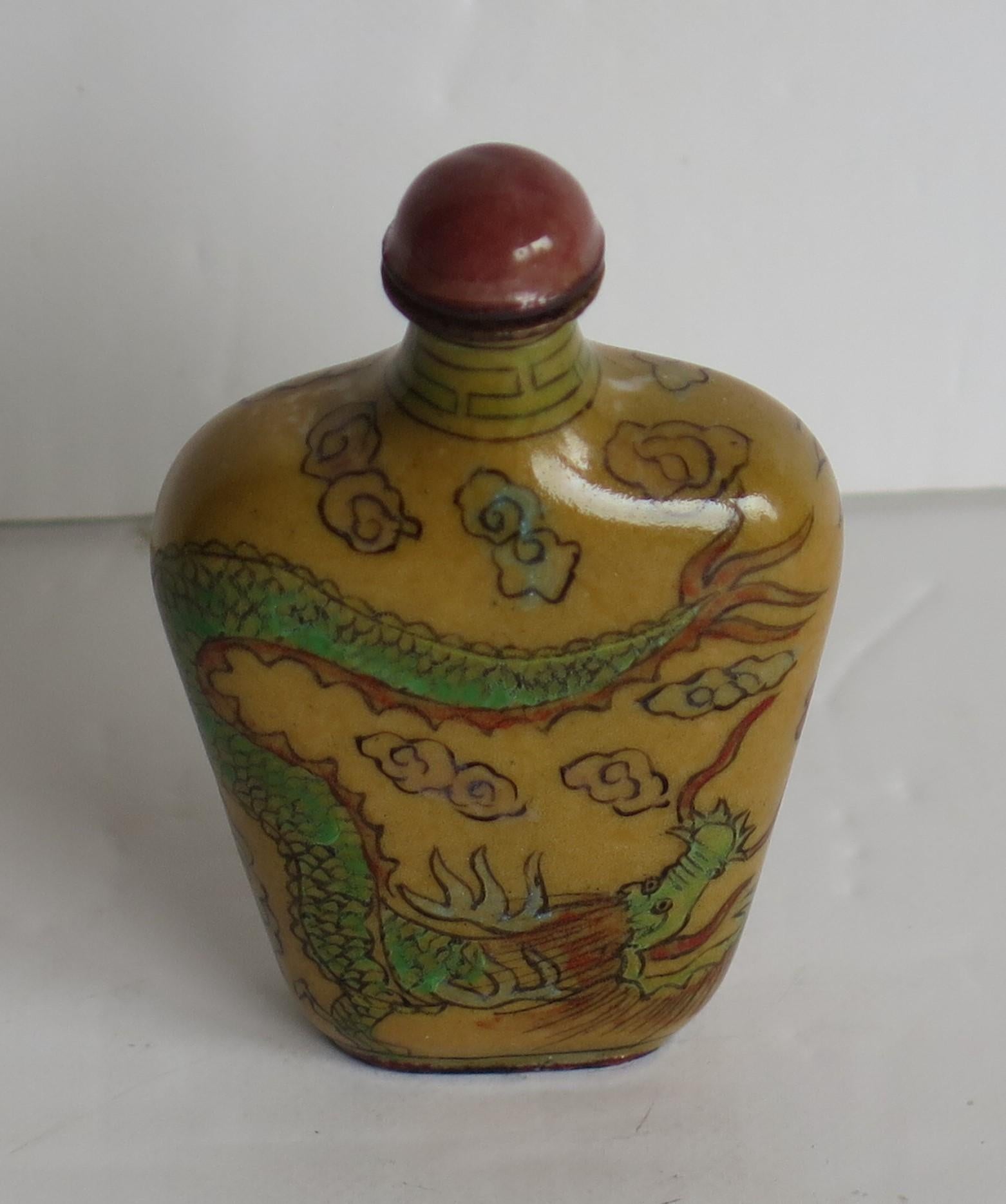 Chinese Snuff Bottle Hand Enamelled Dragons on Copper & Spoon Top, circa 1920s 3