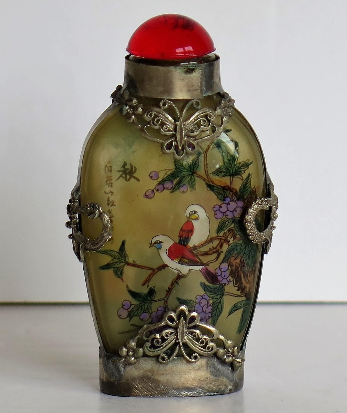Chinese Snuff Bottle Miao Silver Cased Glass Finely Inside Painted 3