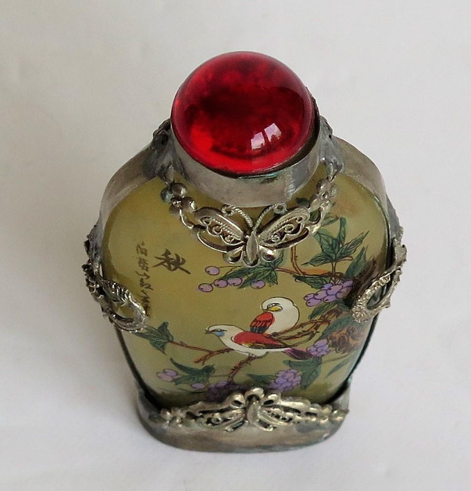 Chinese Snuff Bottle Miao Silver Cased Glass Finely Inside Painted 5