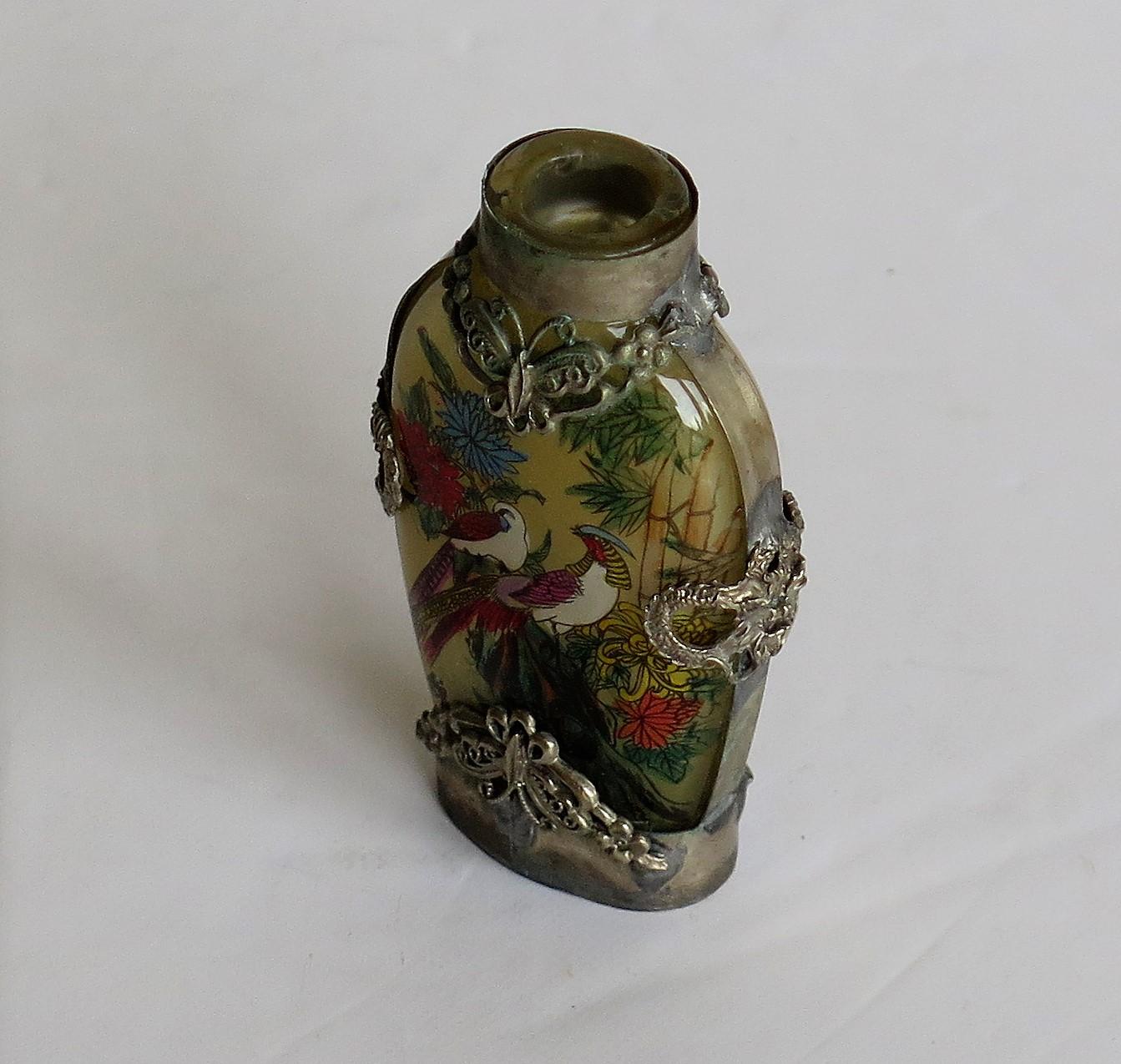 Chinese Snuff Bottle Miao Silver Cased Glass Finely Inside Painted 6