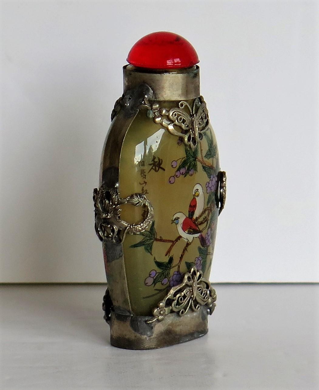 Chinese Export Chinese Snuff Bottle Miao Silver Cased Glass Finely Inside Painted