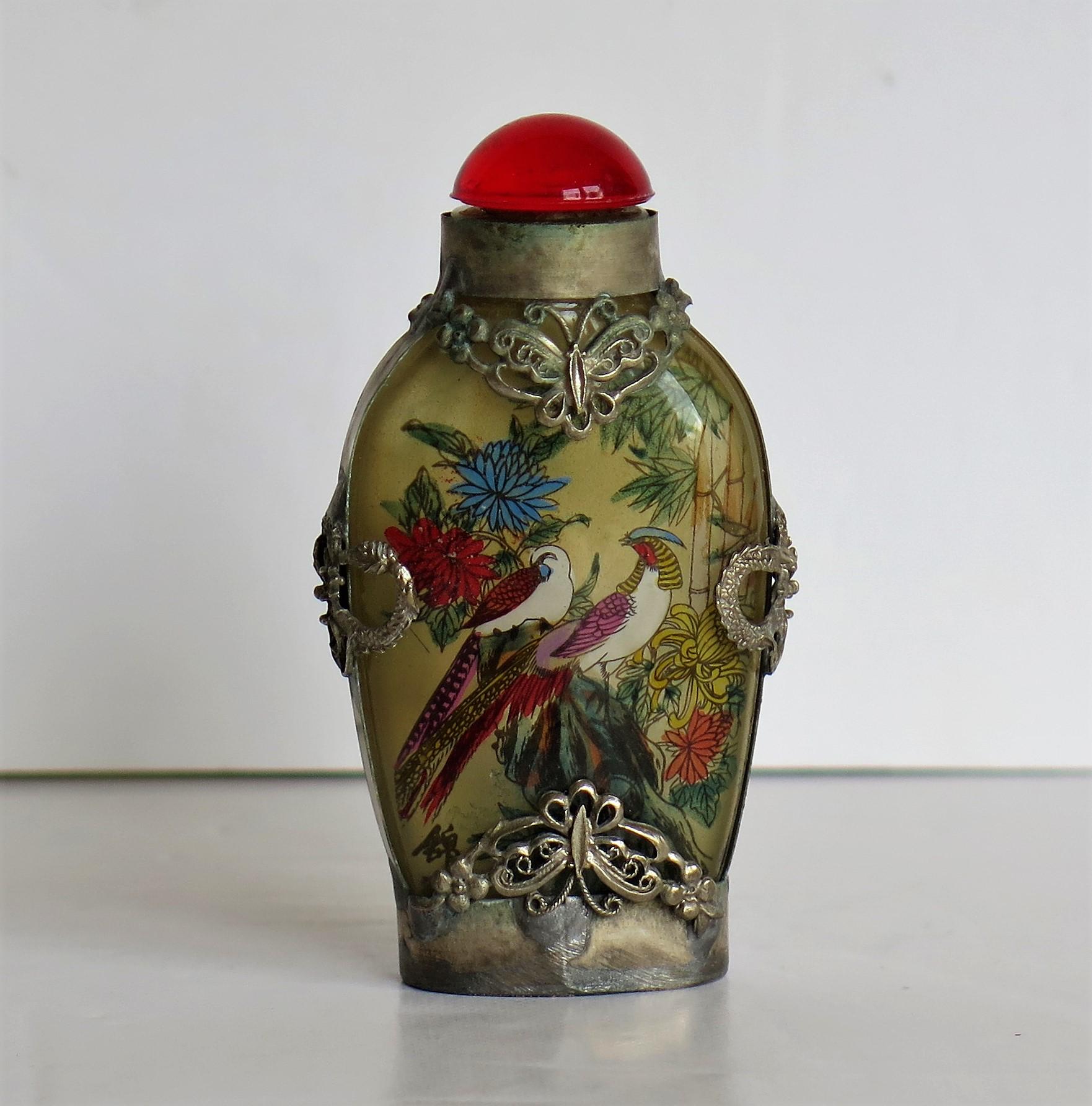 Chinese Snuff Bottle Miao Silver Cased Glass Finely Inside Painted 2