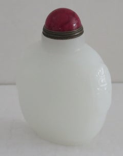 Chinese Snuff Bottle White Stone Hand Carved with Red Stone Spoon Top