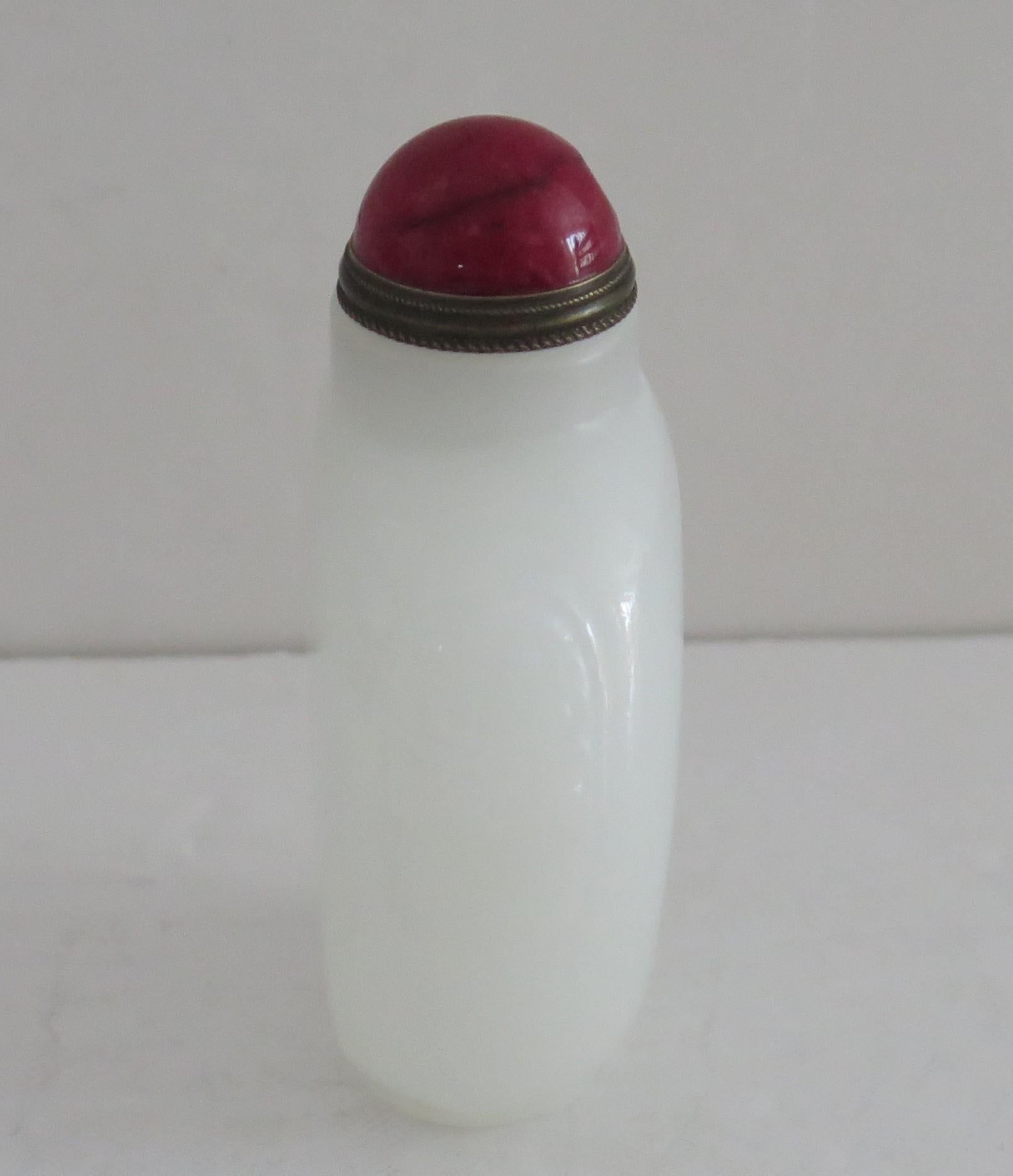 Qing Chinese Snuff Bottle White Stone Hand Carved with Red Stone Spoon Top