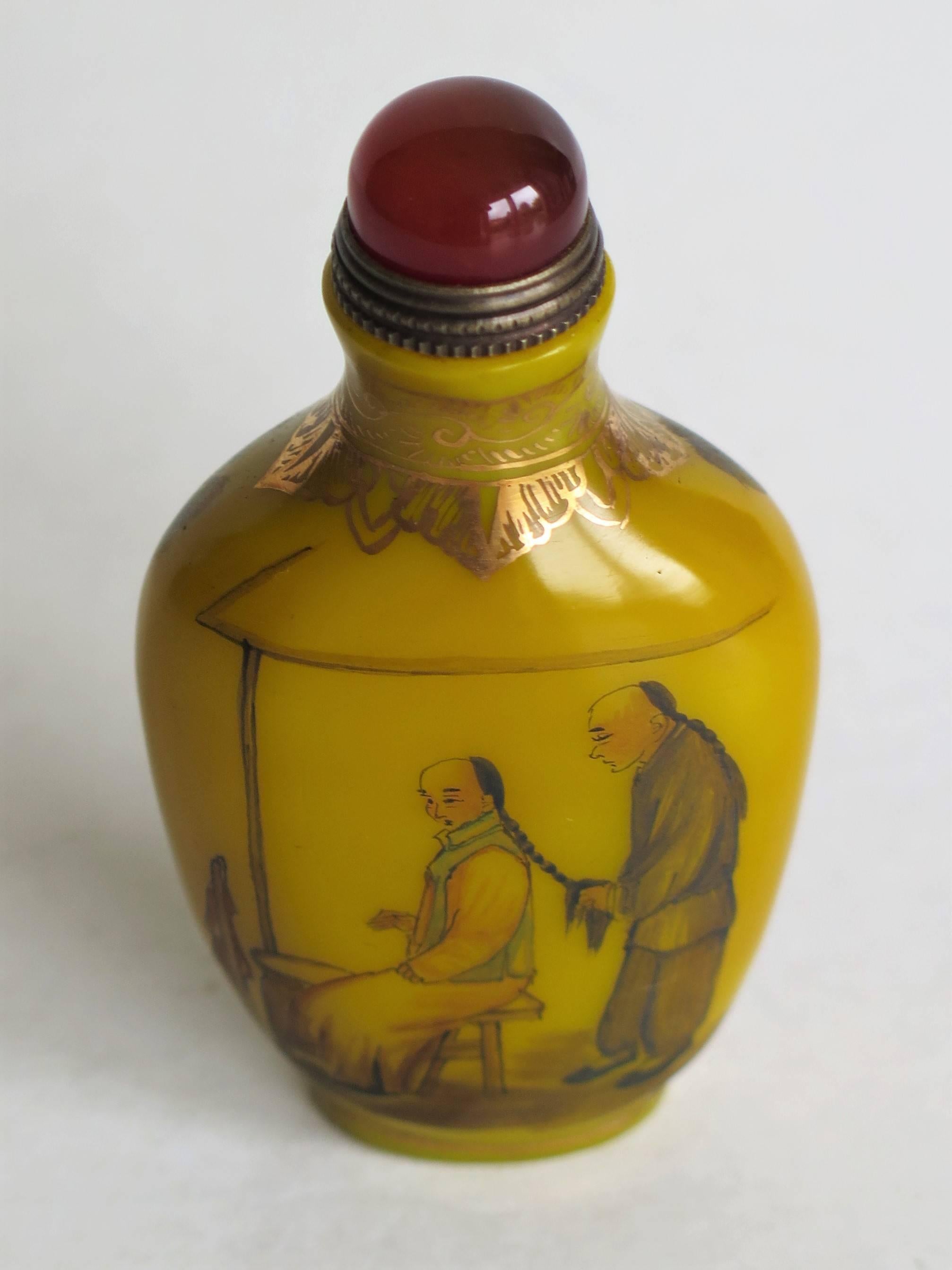 Chinese Snuff Bottle Yellow Milk Glass Hand Enamelled 4 Character Mark, Ca 1920 4