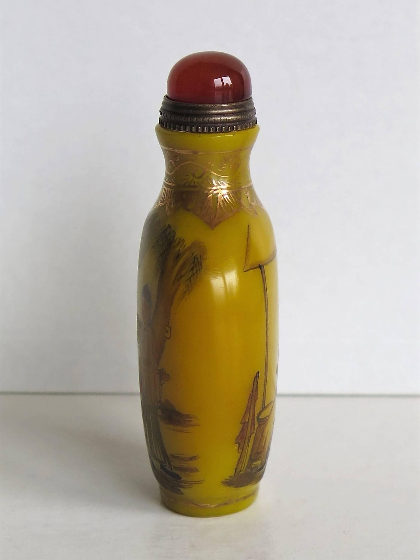 Chinese Snuff Bottle Yellow Milk Glass Hand Enamelled 4 Character Mark, Ca 1920 6