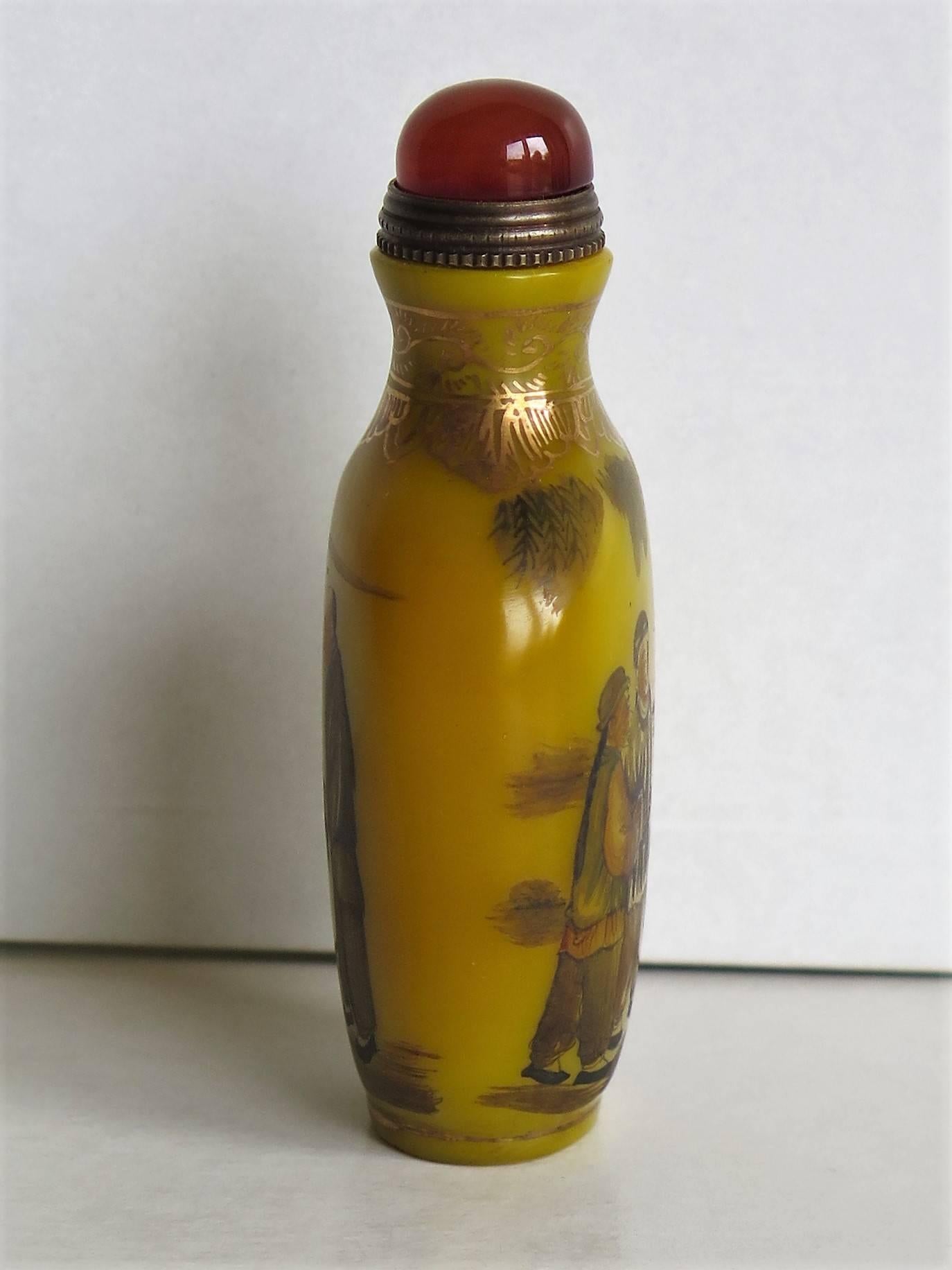 Qing Chinese Snuff Bottle Yellow Milk Glass Hand Enamelled 4 Character Mark, Ca 1920