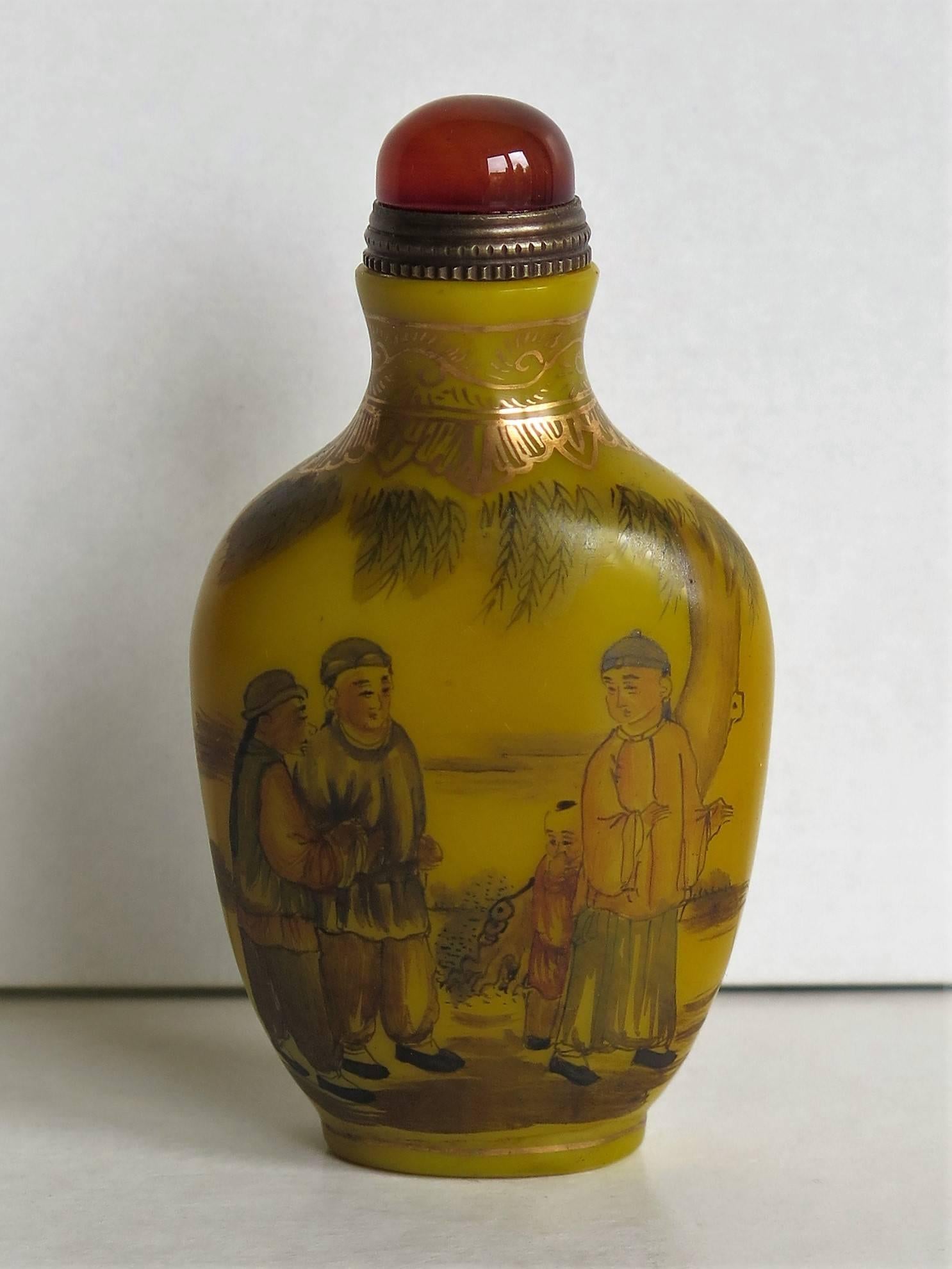 Hand-Painted Chinese Snuff Bottle Yellow Milk Glass Hand Enamelled 4 Character Mark, Ca 1920