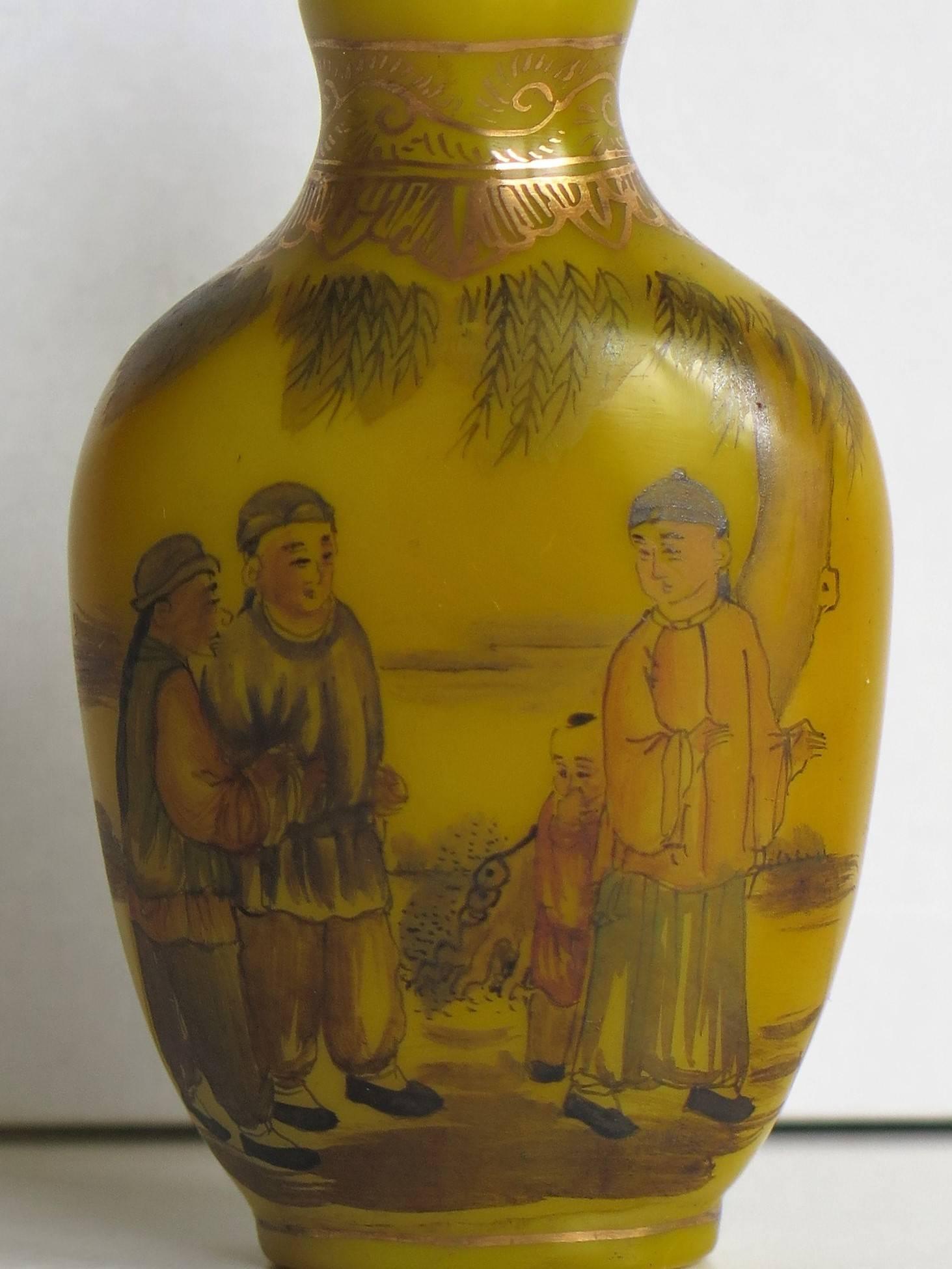 20th Century Chinese Snuff Bottle Yellow Milk Glass Hand Enamelled 4 Character Mark, Ca 1920