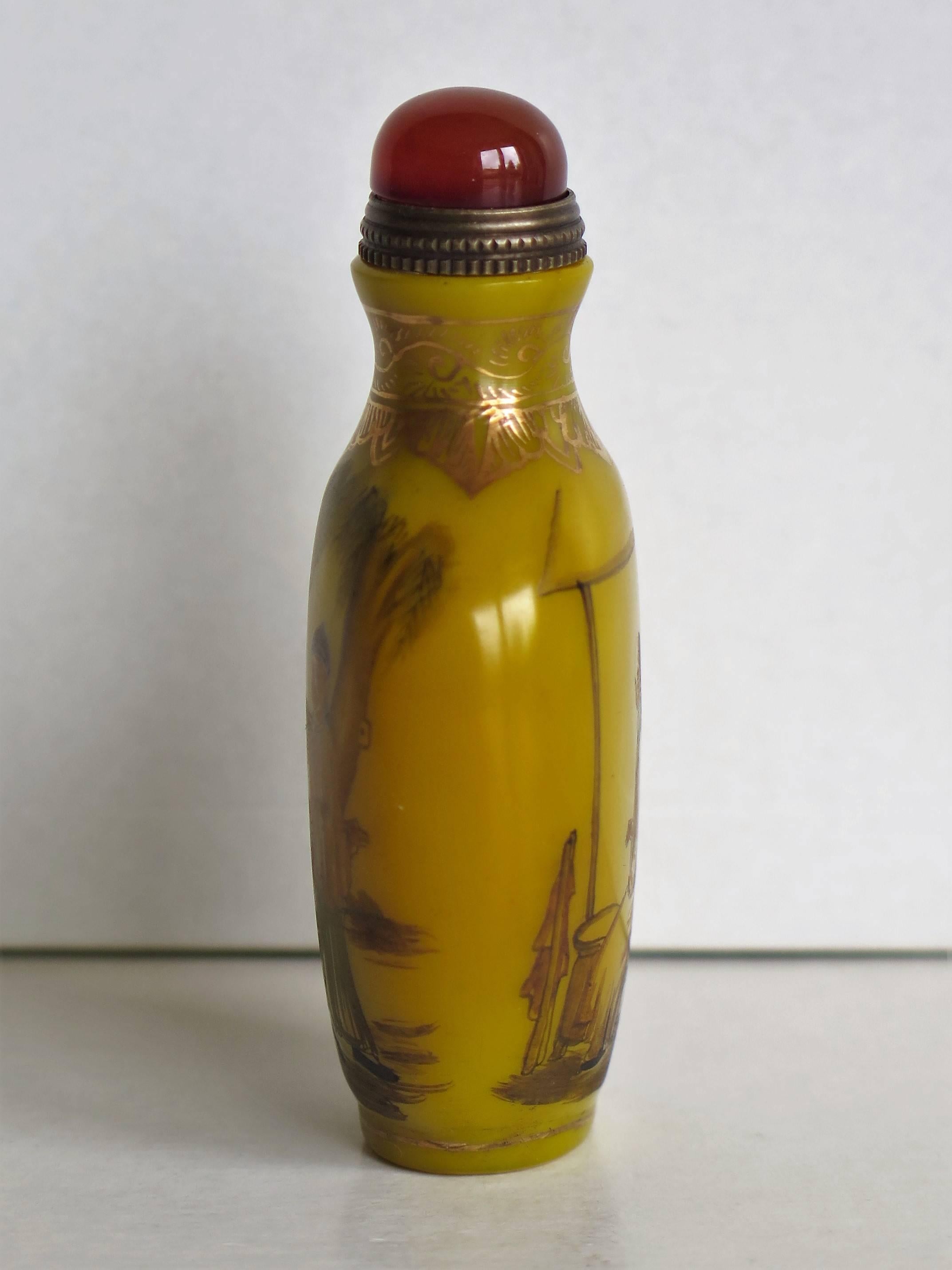 Chinese Snuff Bottle Yellow Milk Glass Hand Enamelled 4 Character Mark, Ca 1920 1