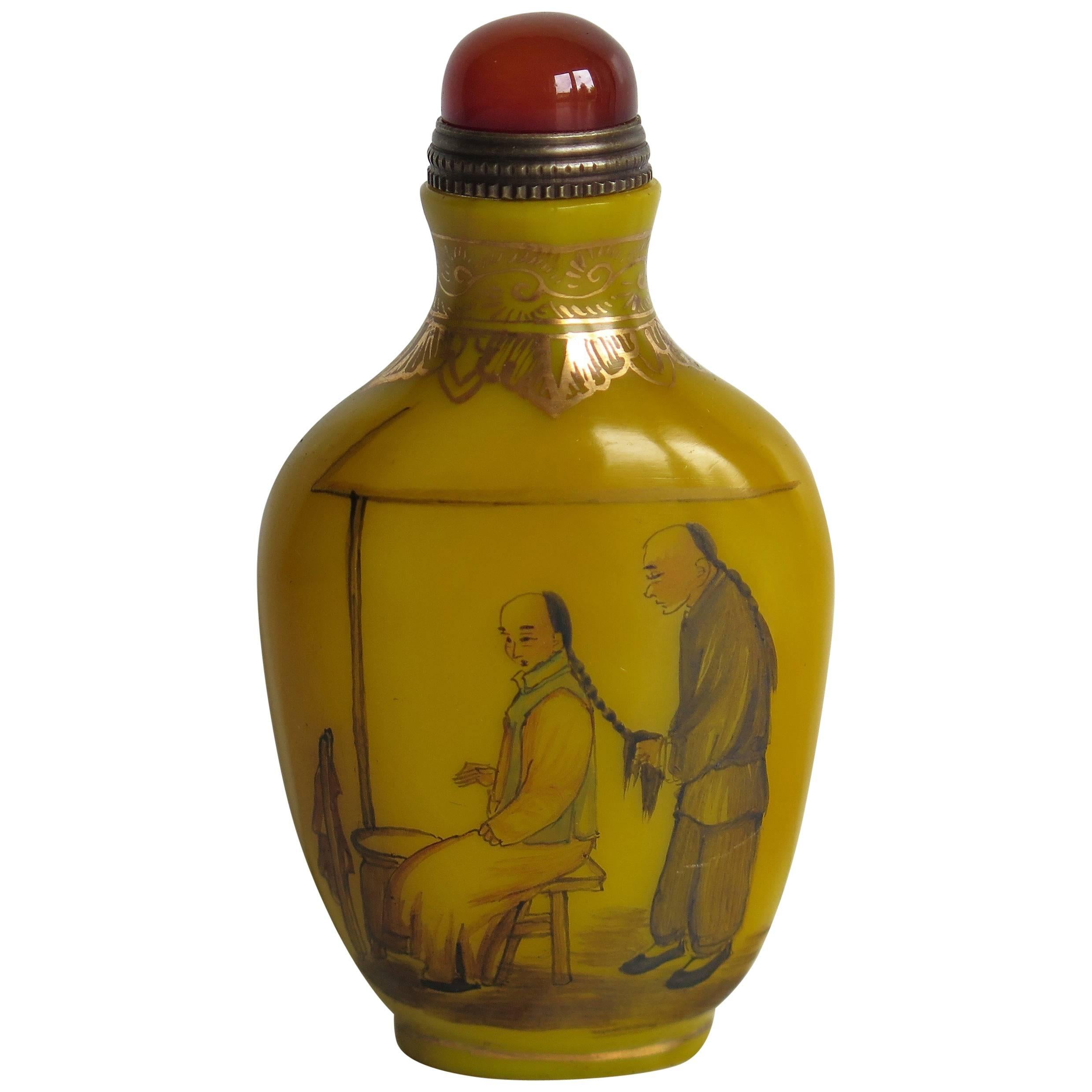 Chinese Snuff Bottle Yellow Milk Glass Hand Enamelled 4 Character Mark, Ca 1920
