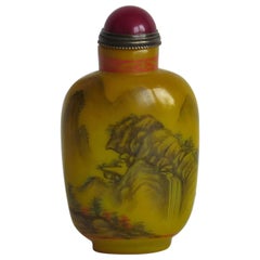Chinese Snuff Bottle Yellow Milk Glass Hand Enameled 4 Character Mark circa 1920