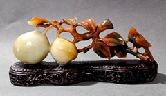 Chinese Soapstone Carving Bird and Fruit on Wooden Stand