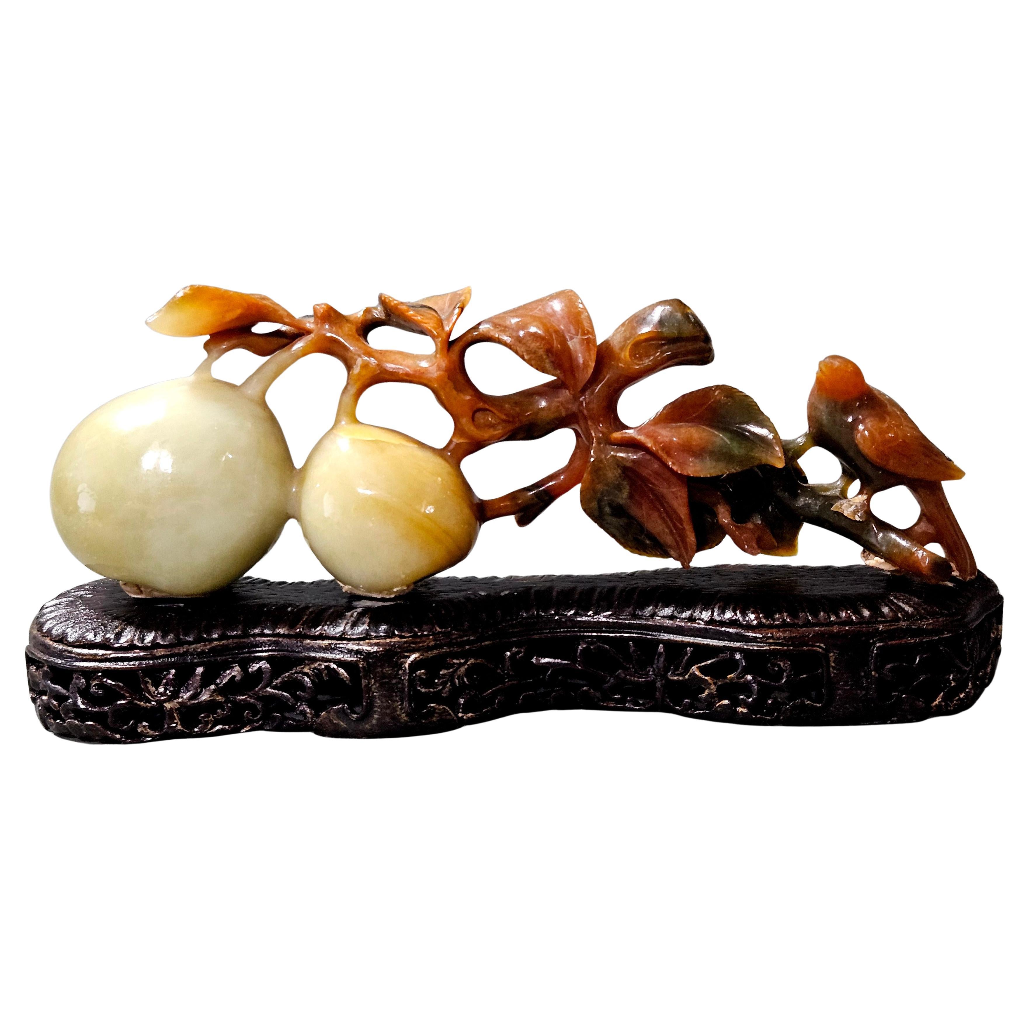 Chinese Soapstone Carving Bird and Fruit on Wooden Stand