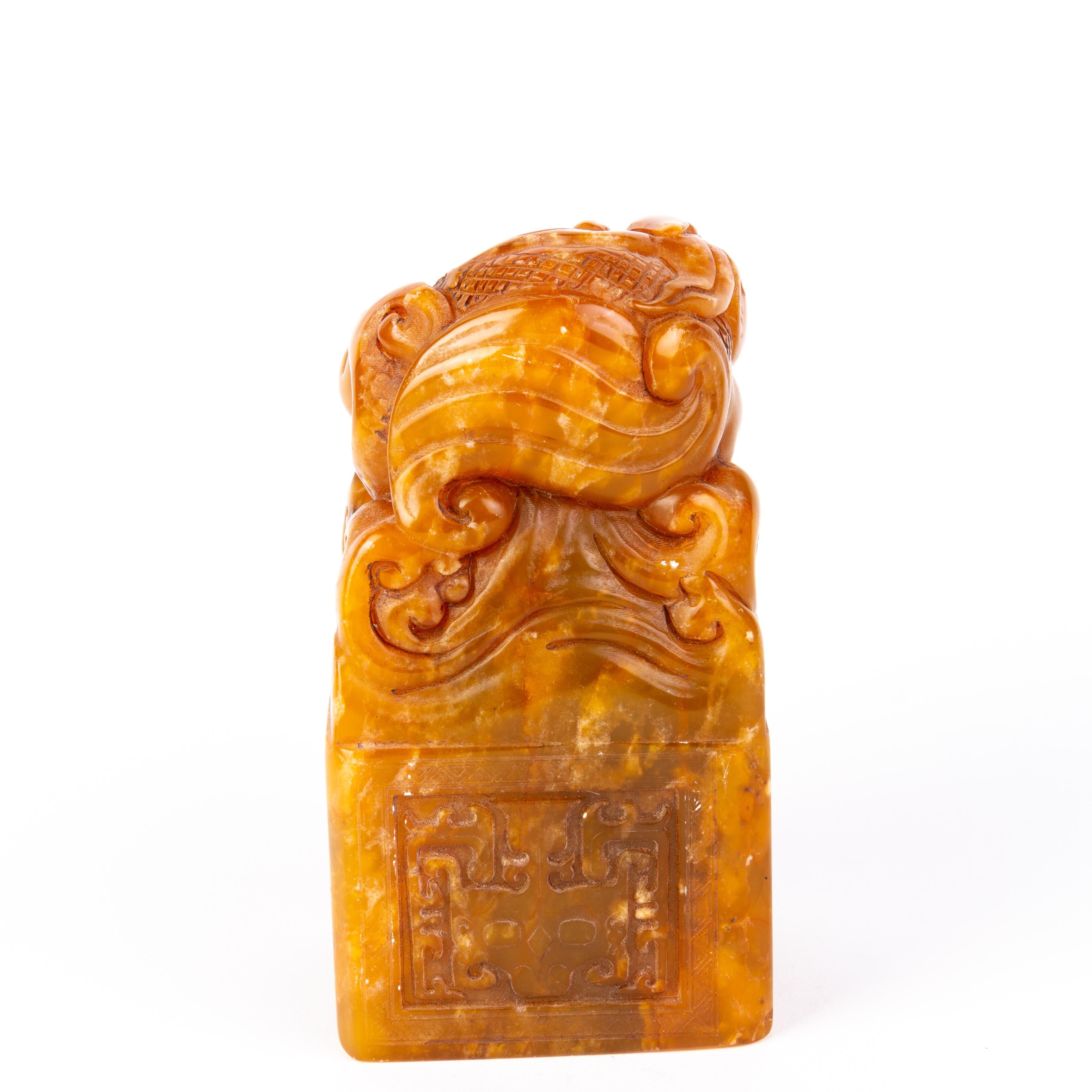 Hand-Carved Chinese Soapstone Carving Foo Dogs Desk Seal Sculpture 19th Century Qing For Sale
