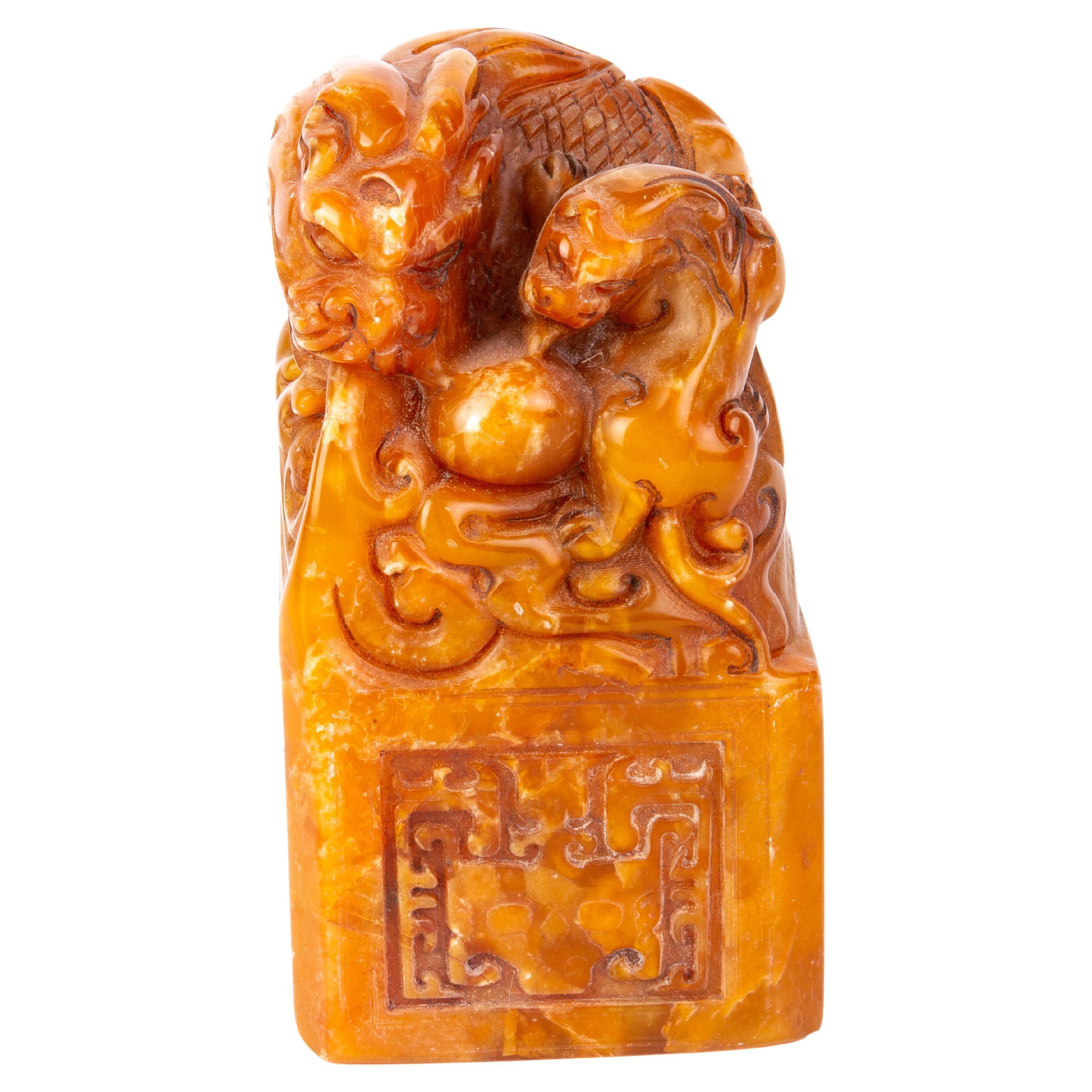 Chinese Soapstone Carving Foo Dogs Desk Seal Sculpture 19th Century Qing For Sale