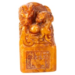 Chinese Soapstone Carving Foo Dogs Desk Seal Sculpture 19th Century Qing