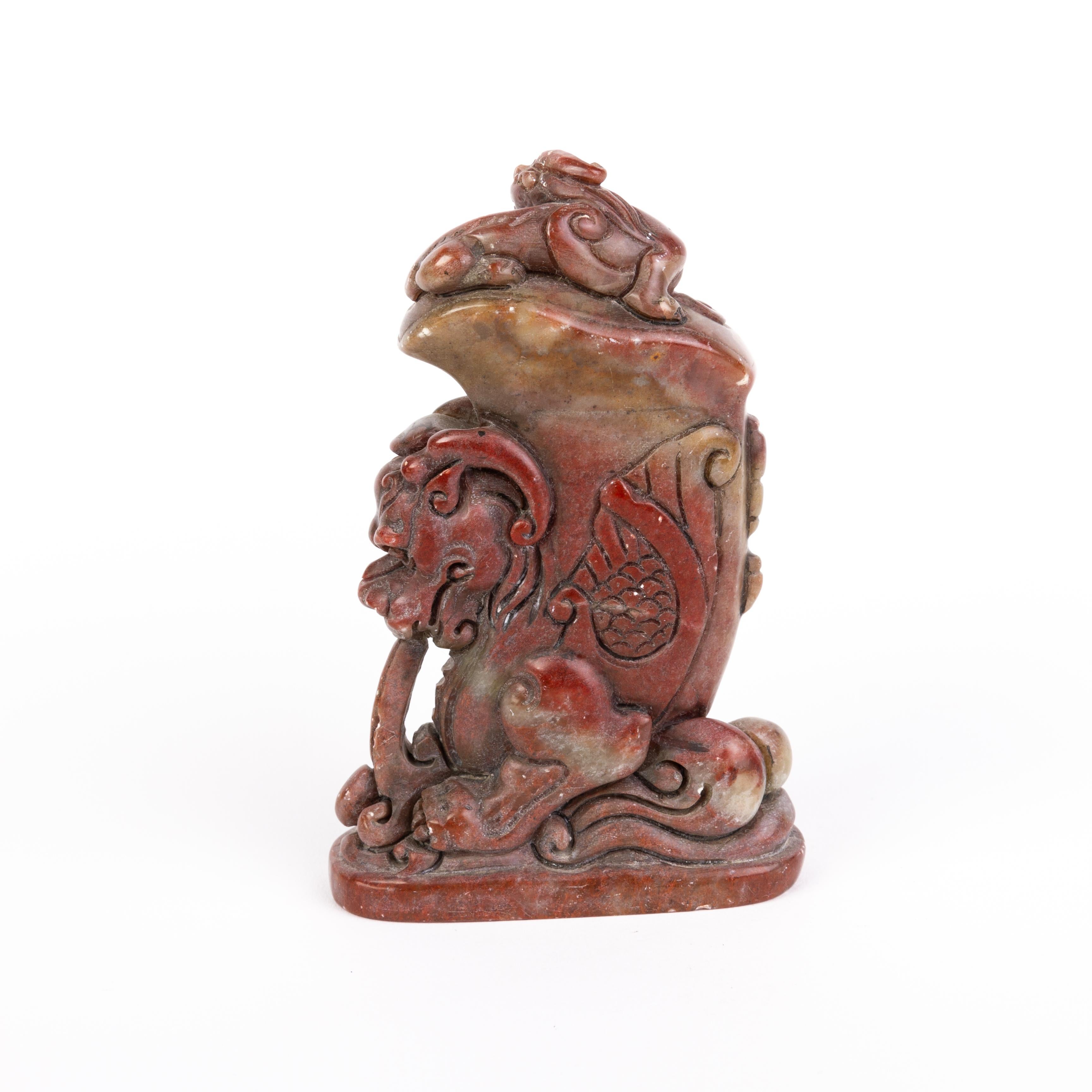 Hand-Carved Chinese Soapstone Carving Foo Dragon Desk Seal Sculpture 19th Century Qing For Sale