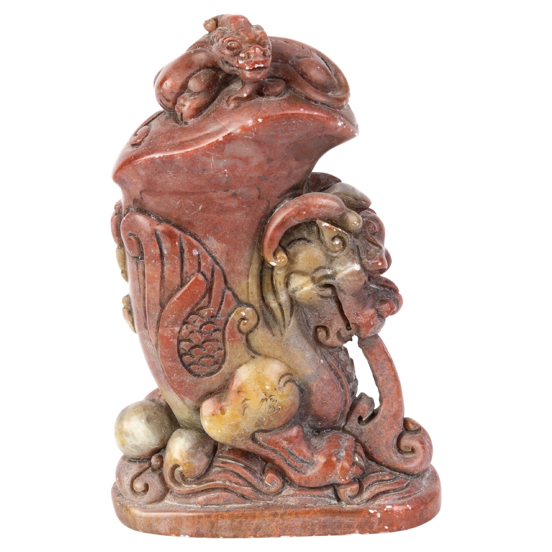 Chinese Soapstone Carving Foo Dragon Desk Seal Sculpture 19th Century Qing For Sale