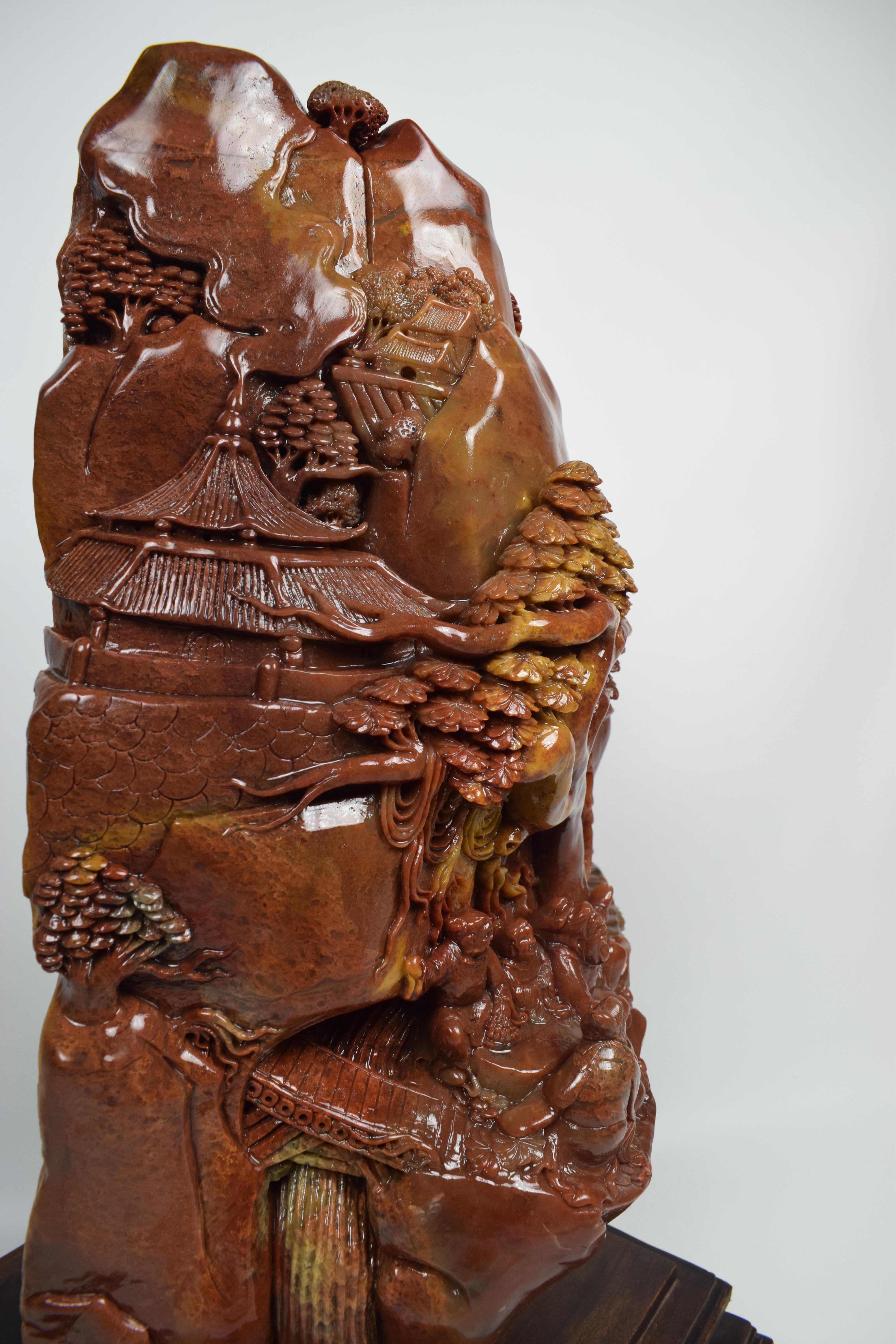 Chinese Soapstone Carving of a Buddhist Village Scene, Mid-20th Century For Sale 5