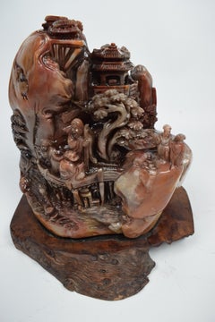 Chinese Soapstone Carving of a Buddhist Village Scene, Mid-20th Century