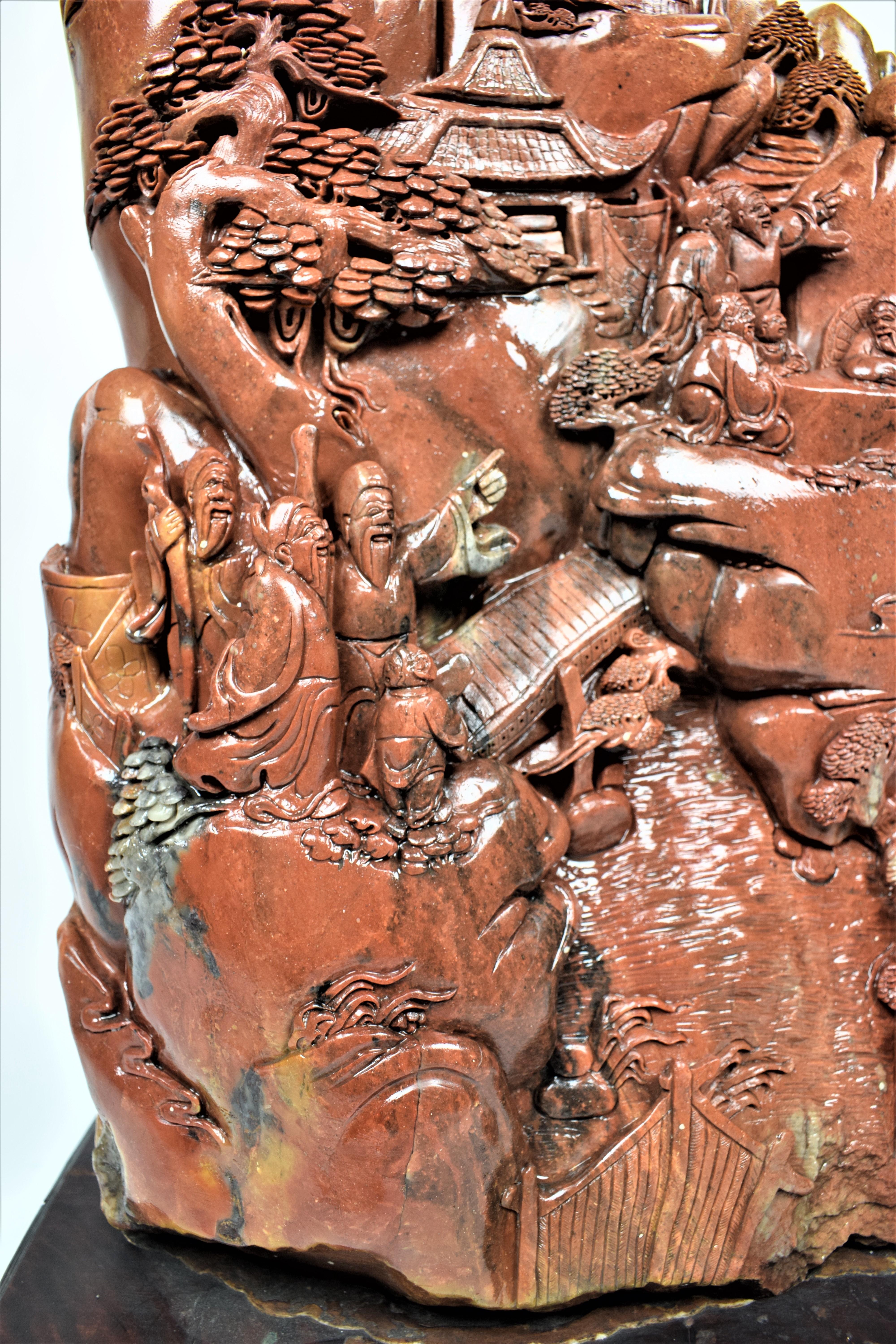 Qing Chinese Soapstone Carving of a Buddhist Village Scene, Mid-20th Century For Sale