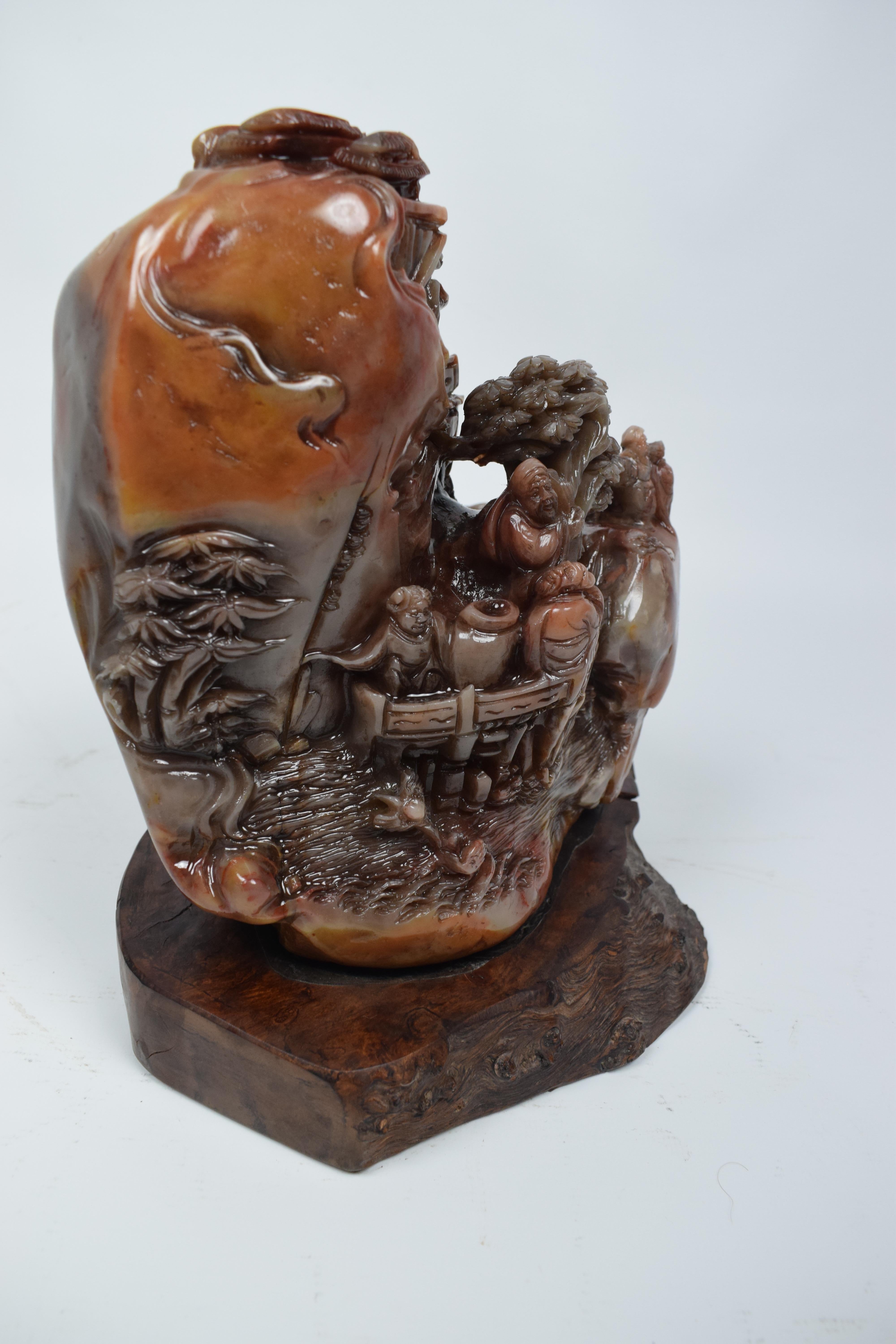 Carved Chinese Soapstone Carving of a Buddhist Village Scene, Mid-20th Century For Sale