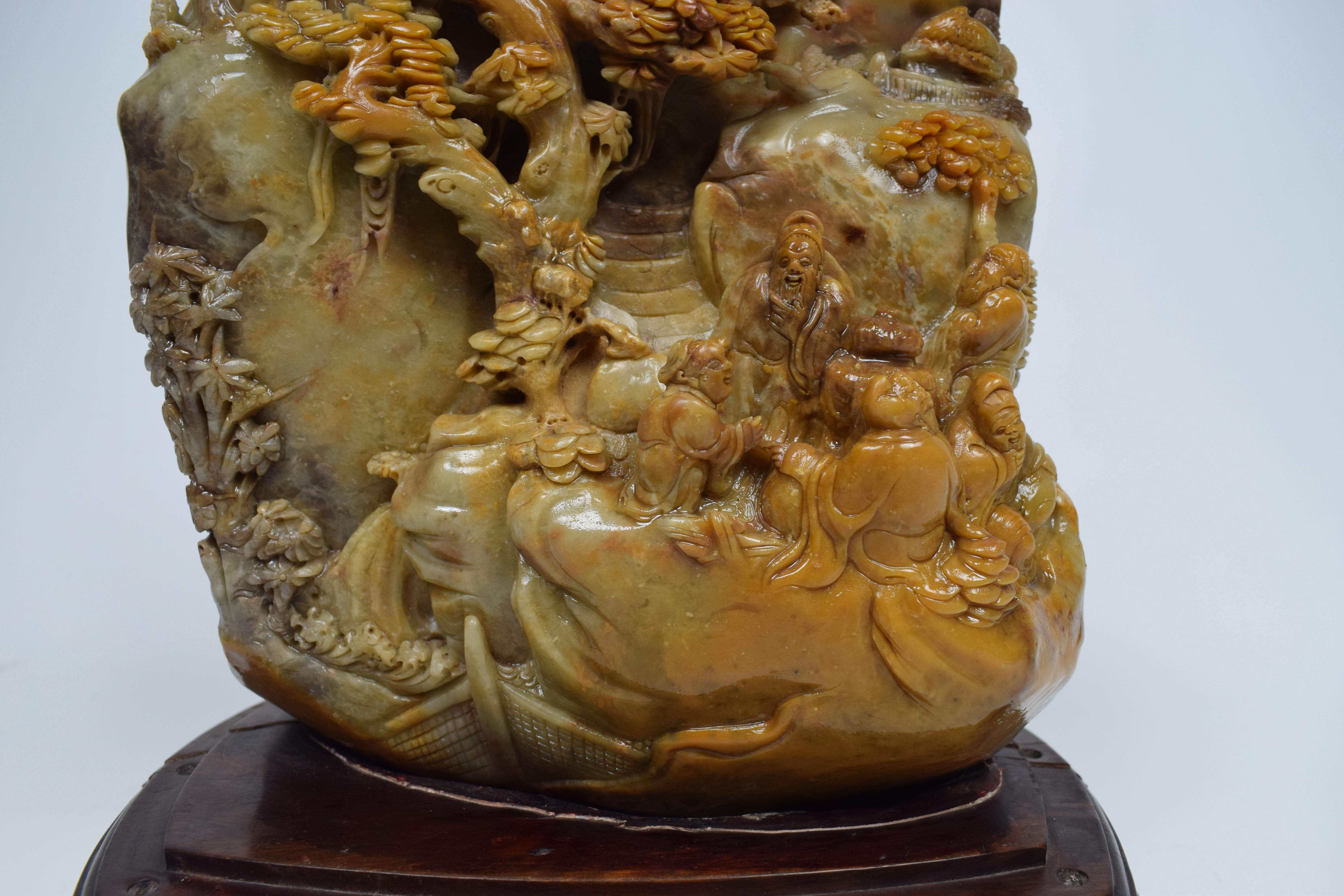 Qing Chinese Soapstone Carving of a Buddhist Village Scene, Mid-20th Century For Sale
