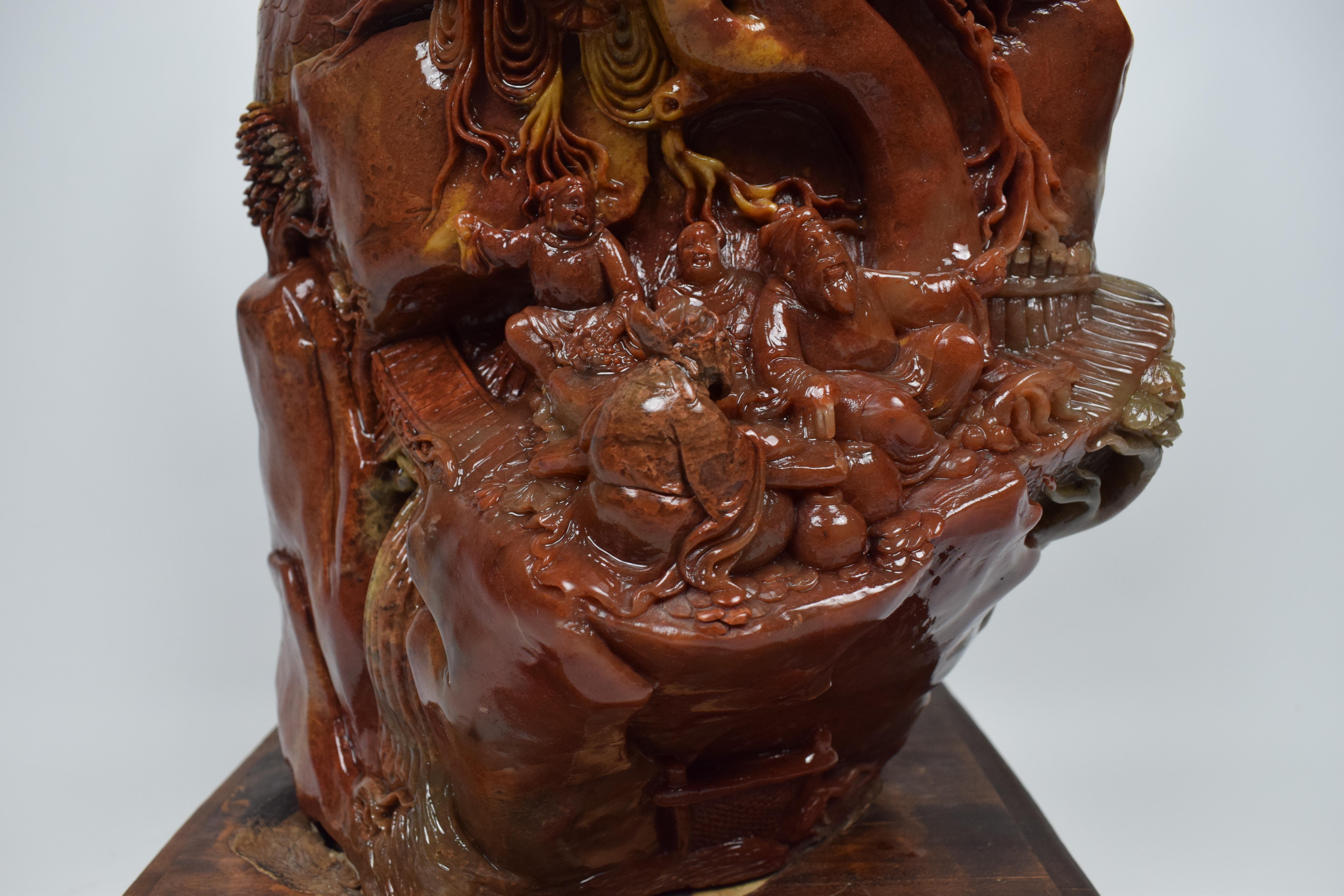 Hand-Carved Chinese Soapstone Carving of a Buddhist Village Scene, Mid-20th Century For Sale