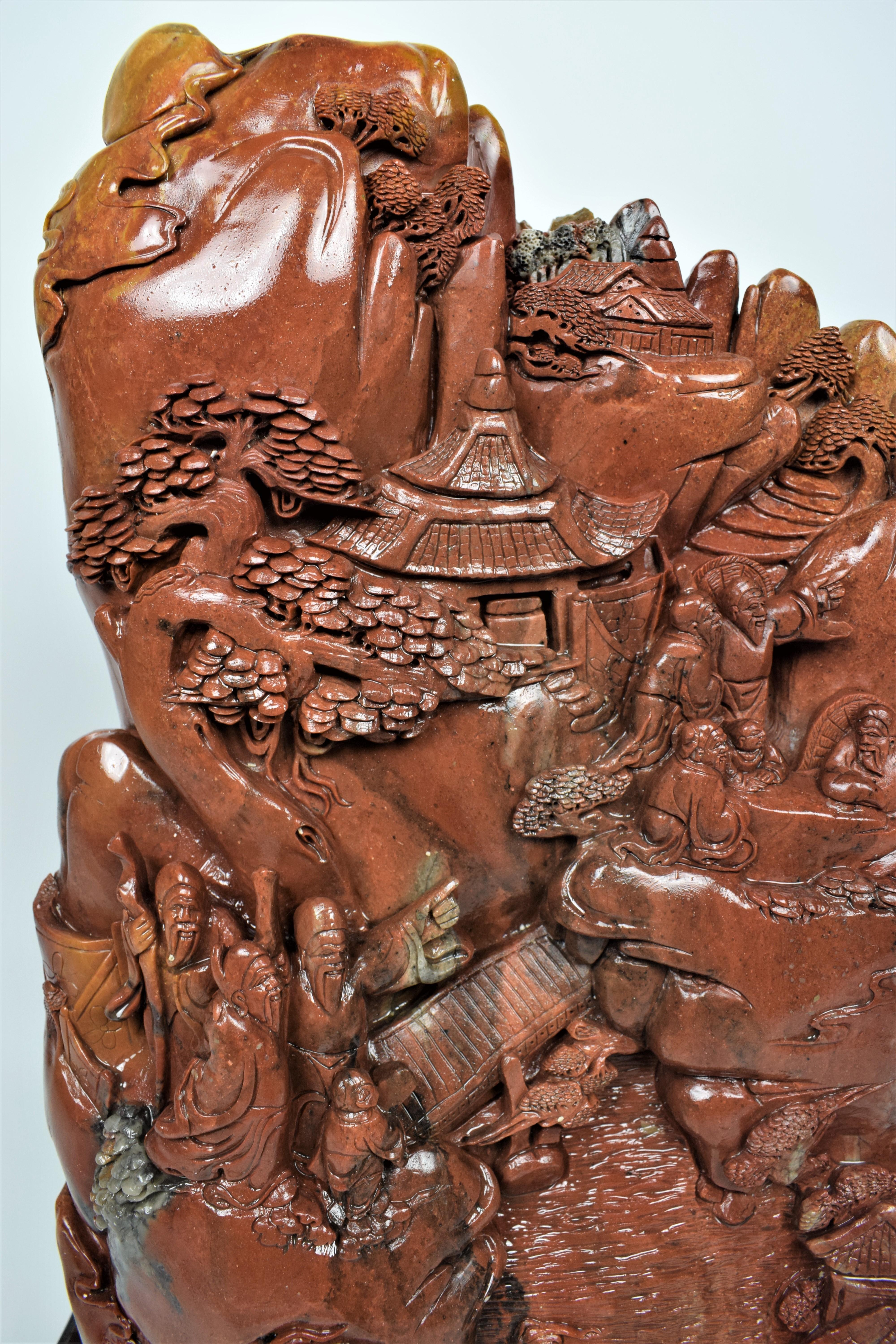 Chinese Soapstone Carving of a Buddhist Village Scene, Mid-20th Century In Good Condition For Sale In Islamabad, PK