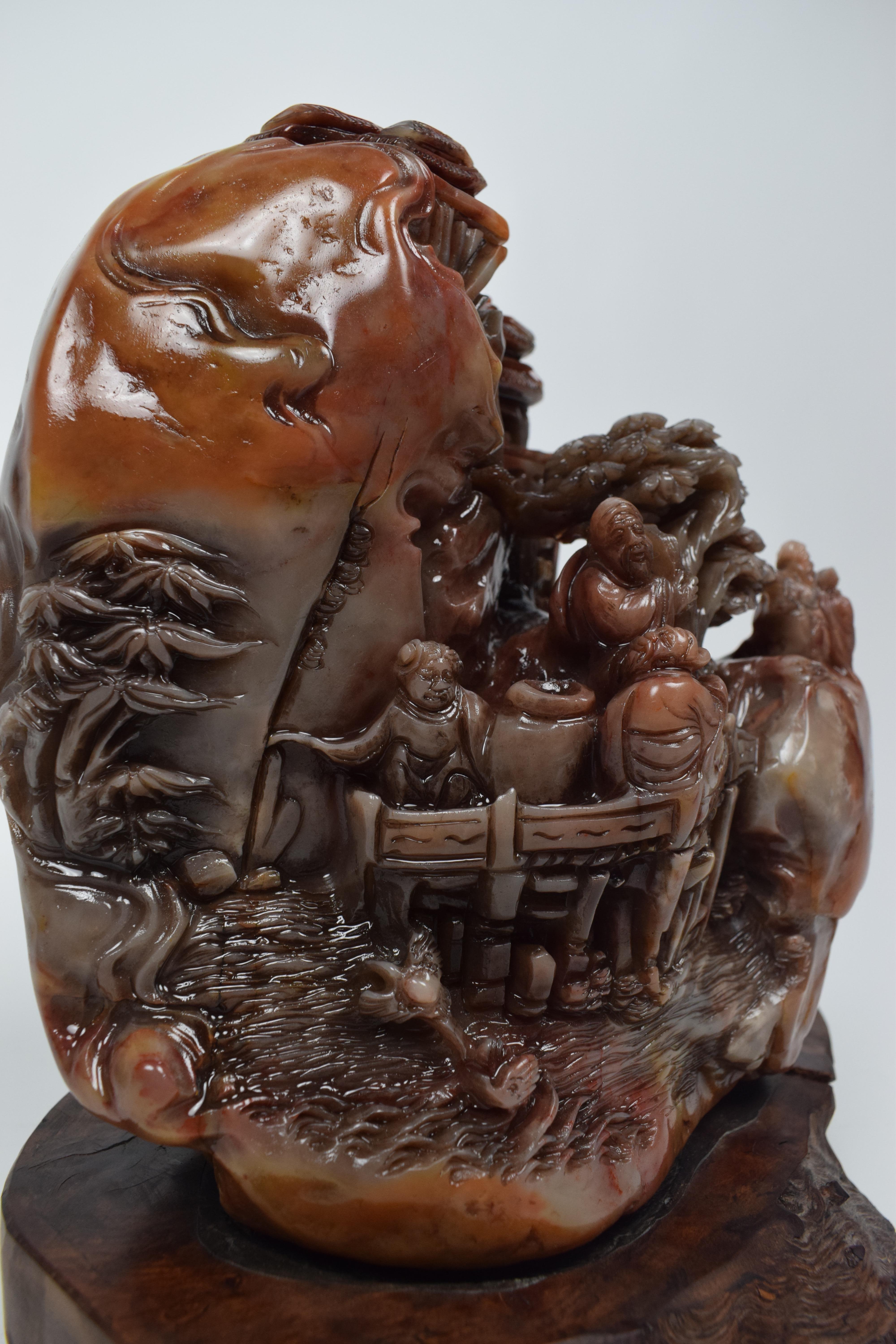 Chinese Soapstone Carving of a Buddhist Village Scene, Mid-20th Century For Sale 1