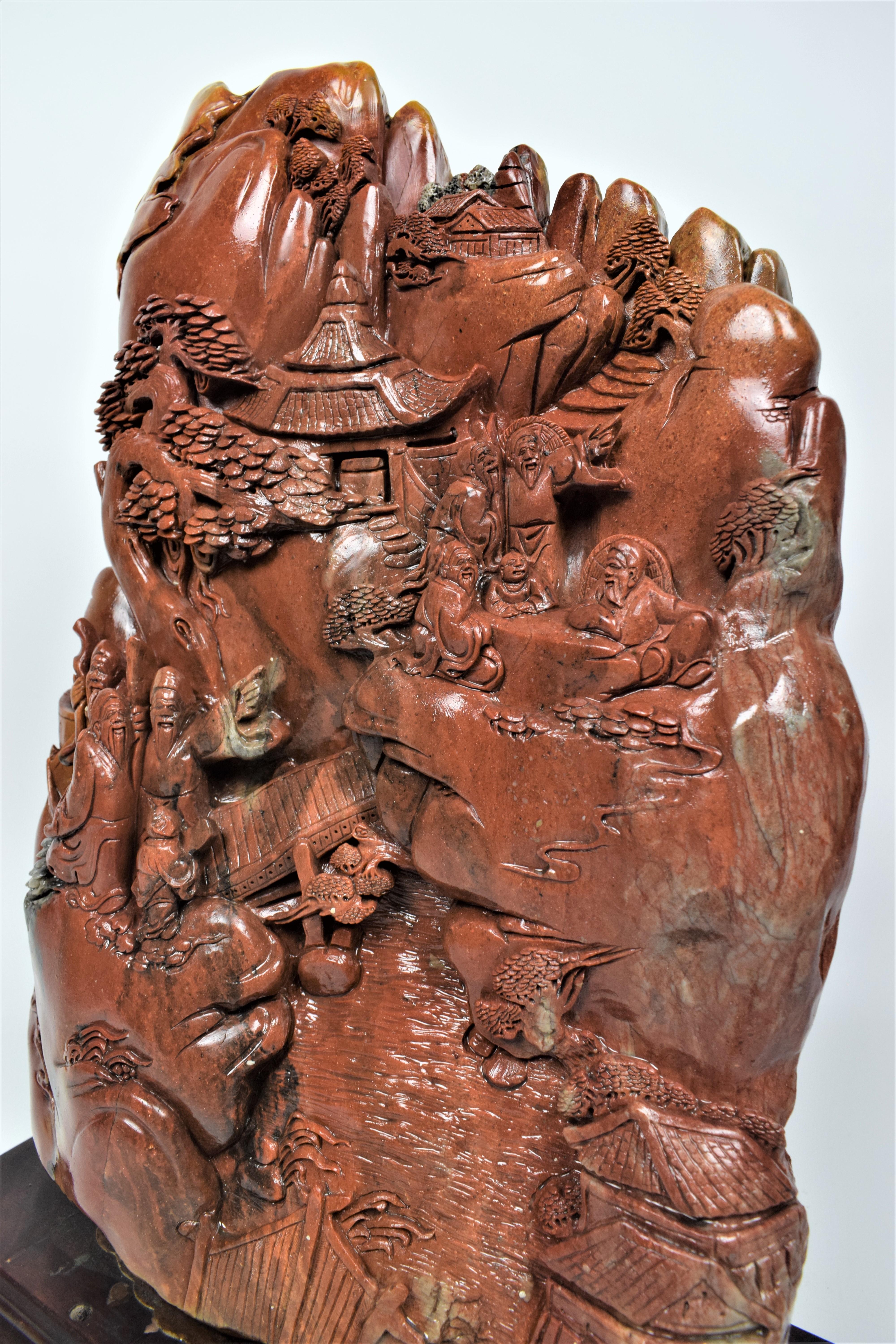 Chinese Soapstone Carving of a Buddhist Village Scene, Mid-20th Century For Sale 1