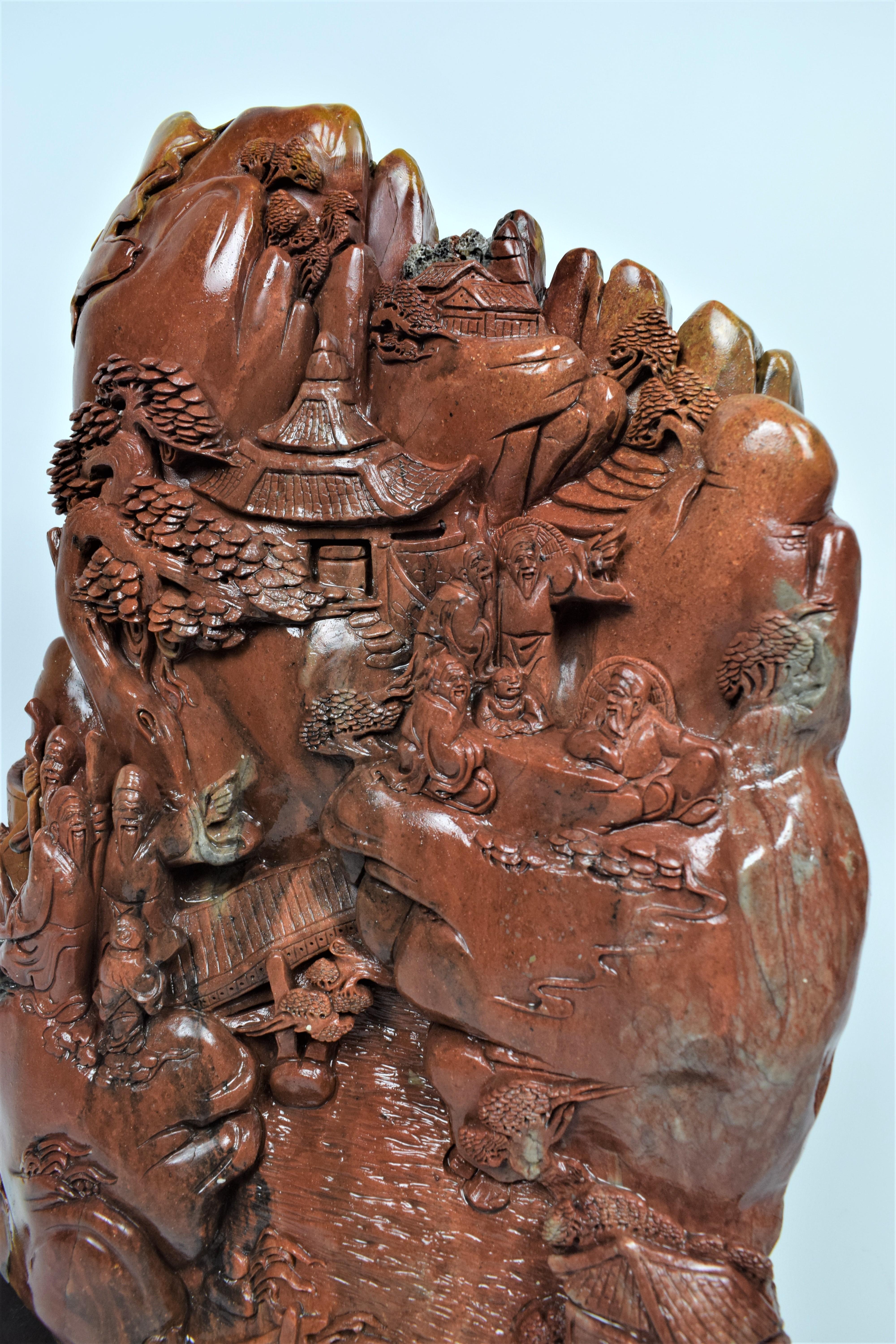 Chinese Soapstone Carving of a Buddhist Village Scene, Mid-20th Century For Sale 4