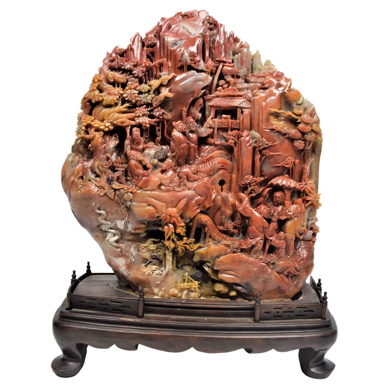 Chinese Soapstone Carving of a Buddhist Village Scene, Mid 20th Century ...