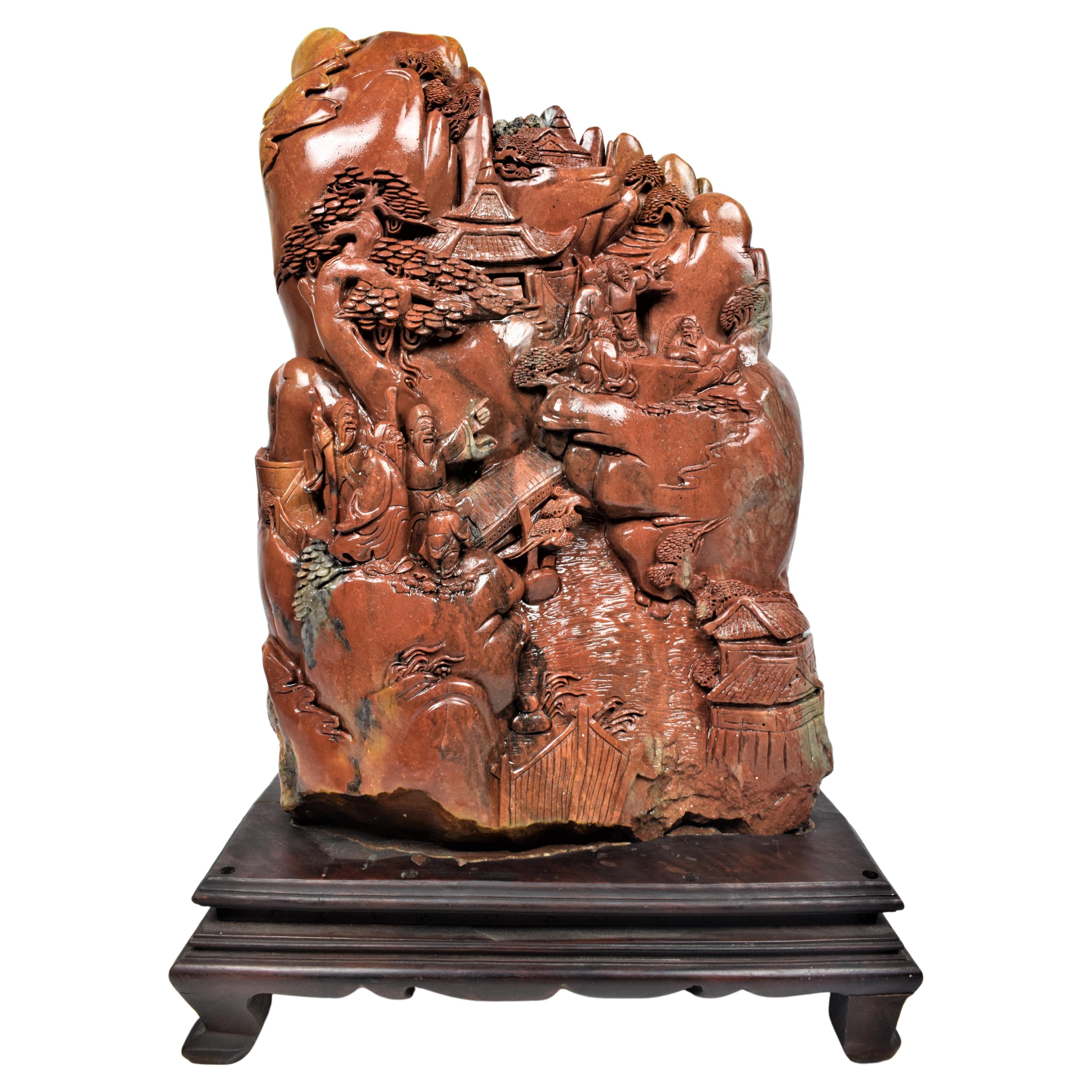 Chinese Soapstone Carving of a Buddhist Village Scene, Mid-20th Century For Sale