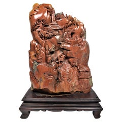 Vintage Chinese Soapstone Carving of a Buddhist Village Scene, Mid-20th Century
