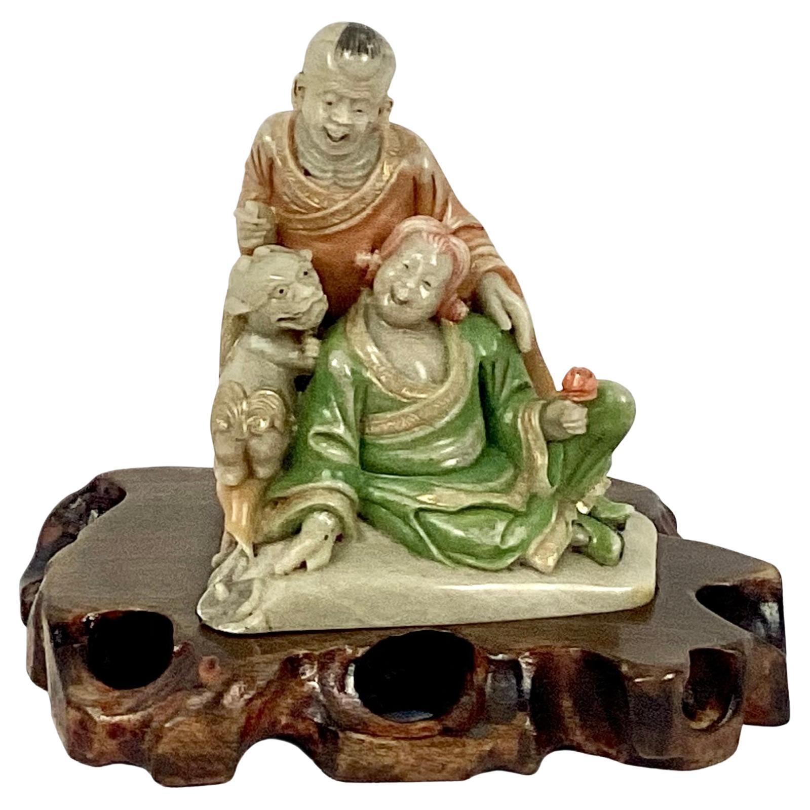 Chinese Soapstone Carving Of Man And Woman Sculpture For Sale