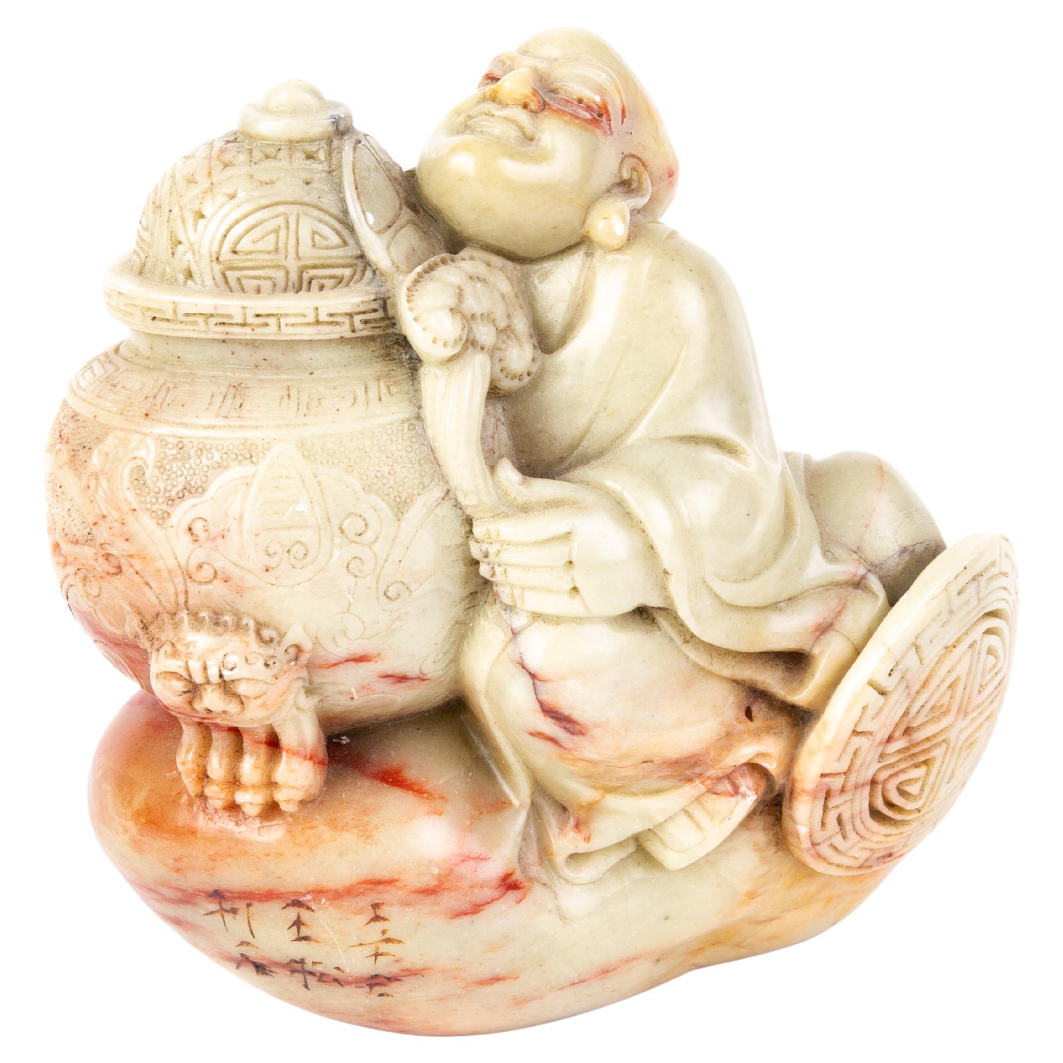 Chinese Soapstone Carving Signed Buddha Desk Seal Sculpture 19th Century Qing For Sale at 1stDibs