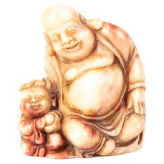 Chinesische Seifenschnitzerei, signierte Buddha-Schreibtisch-Siegel-Skulptur, 19. Jahrhundert, Qing