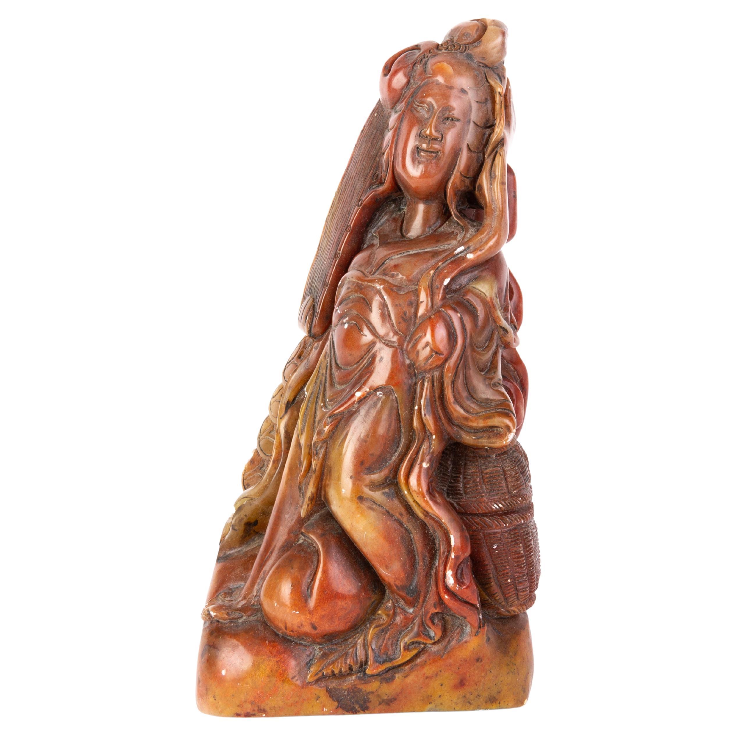 Chinese Soapstone Carving Signed Quanyin Desk Seal Sculpture 19th
