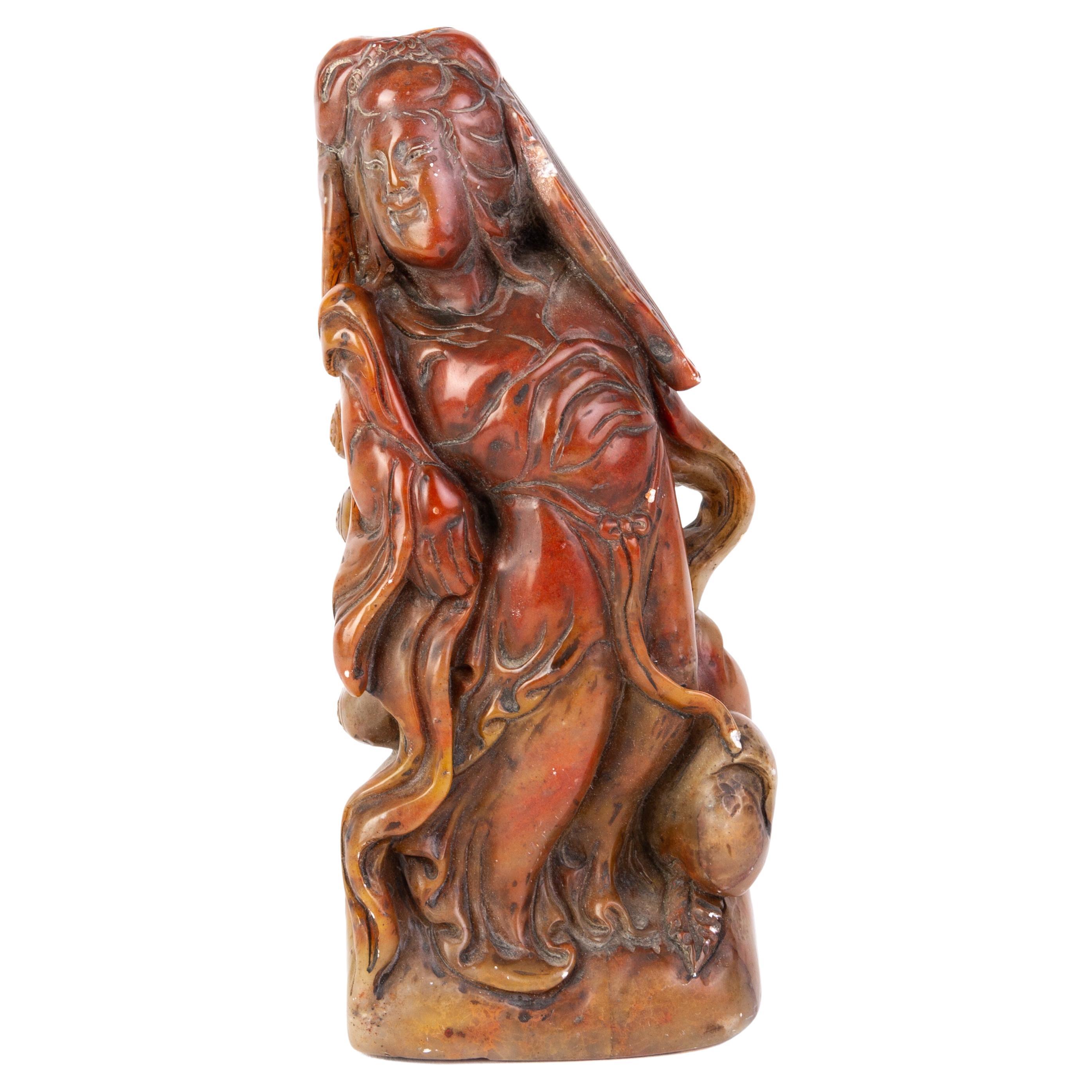 Chinese Soapstone Carving Signed Quanyin Desk Seal Sculpture 19th Century Qing For Sale at 1stDibs