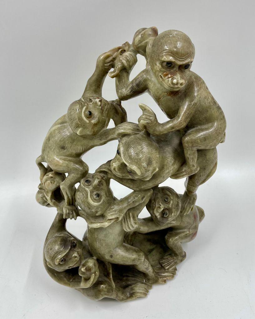 Large Chinese Soapstone Carving Monkey Group Ca 1800 In Good Condition For Sale In Hoddesdon, GB