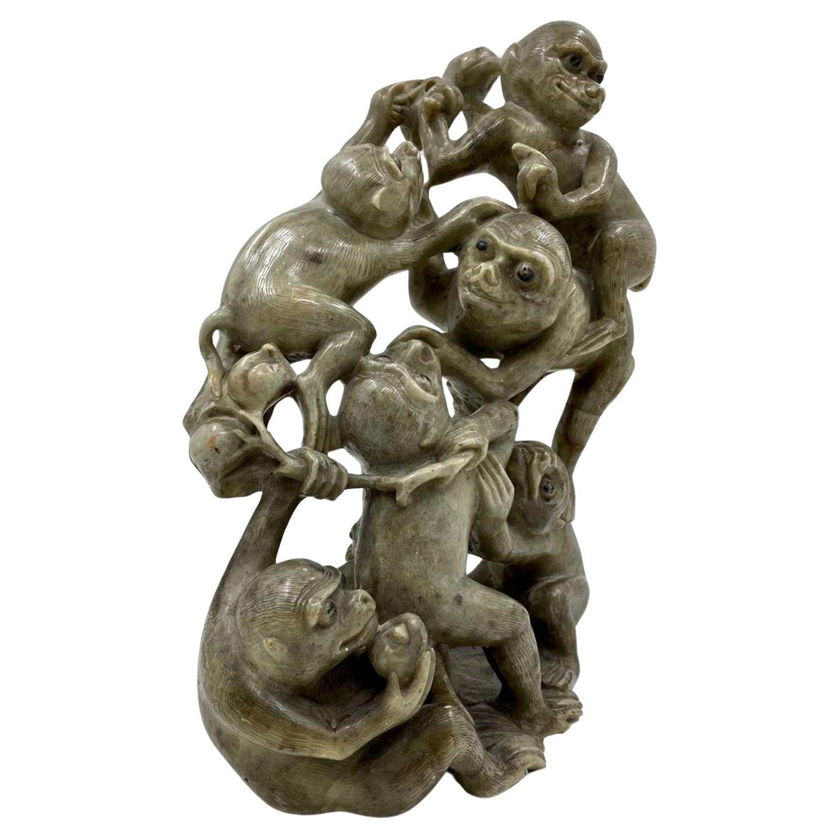Large Chinese Soapstone Carving Monkey Group Ca 1800 For Sale