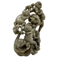 Large Chinese Soapstone Carving Monkey Group Ca 1800