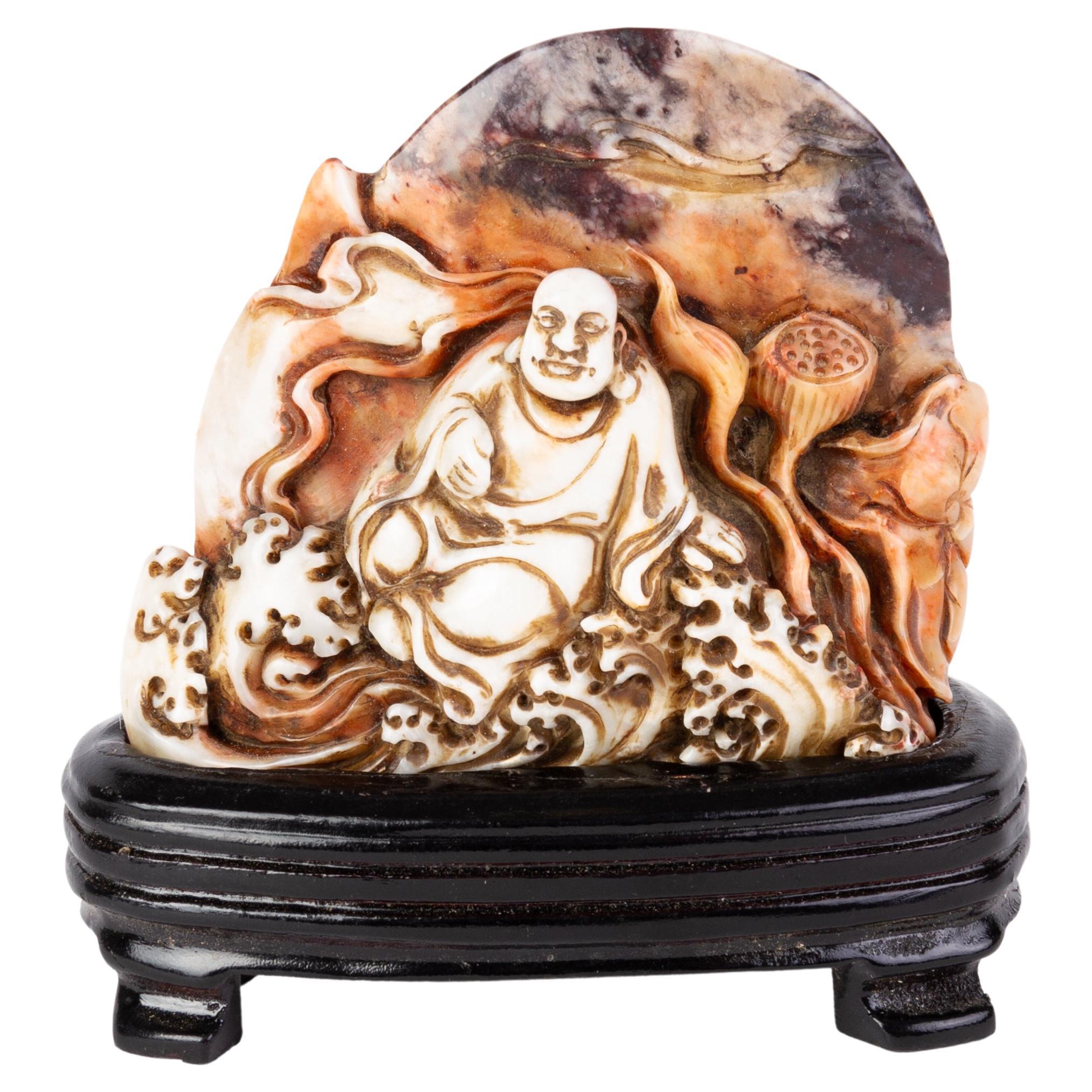 Chinese Soapstone Signed Buddha Buddhist Carving Sculpture 19th Century Qing For Sale