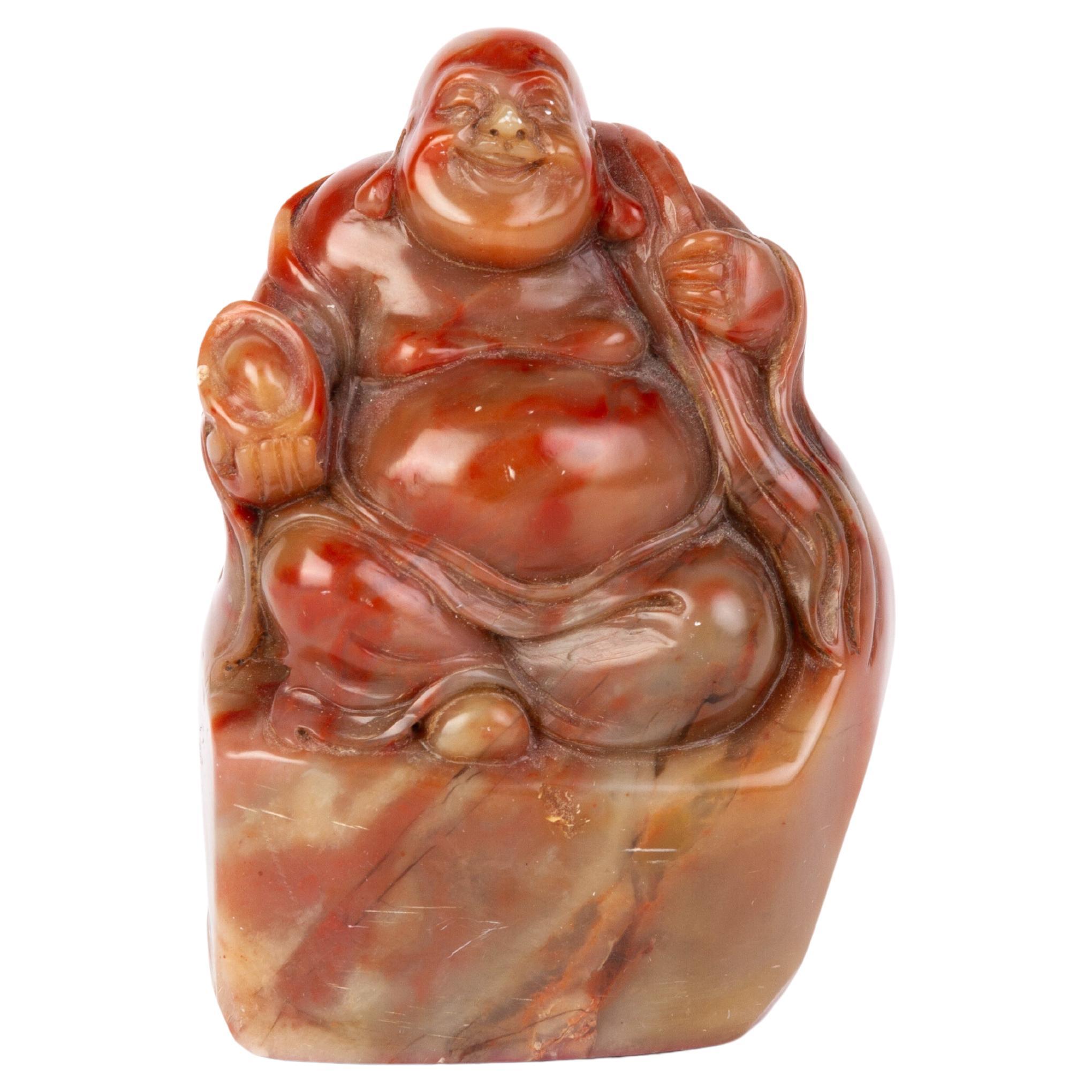 Chinese Soapstone Signed Buddha Carving Desk Seal Sculpture 19th Century Qing For Sale