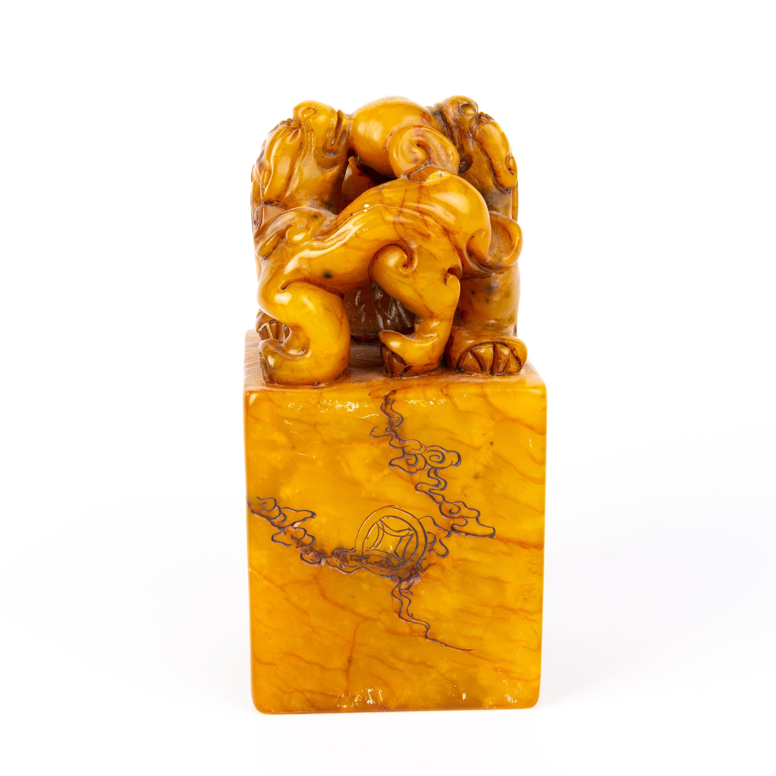 Hand-Carved Chinese Soapstone Signed Carving Foo Dogs Desk Seal Sculpture 19th Century Qing For Sale