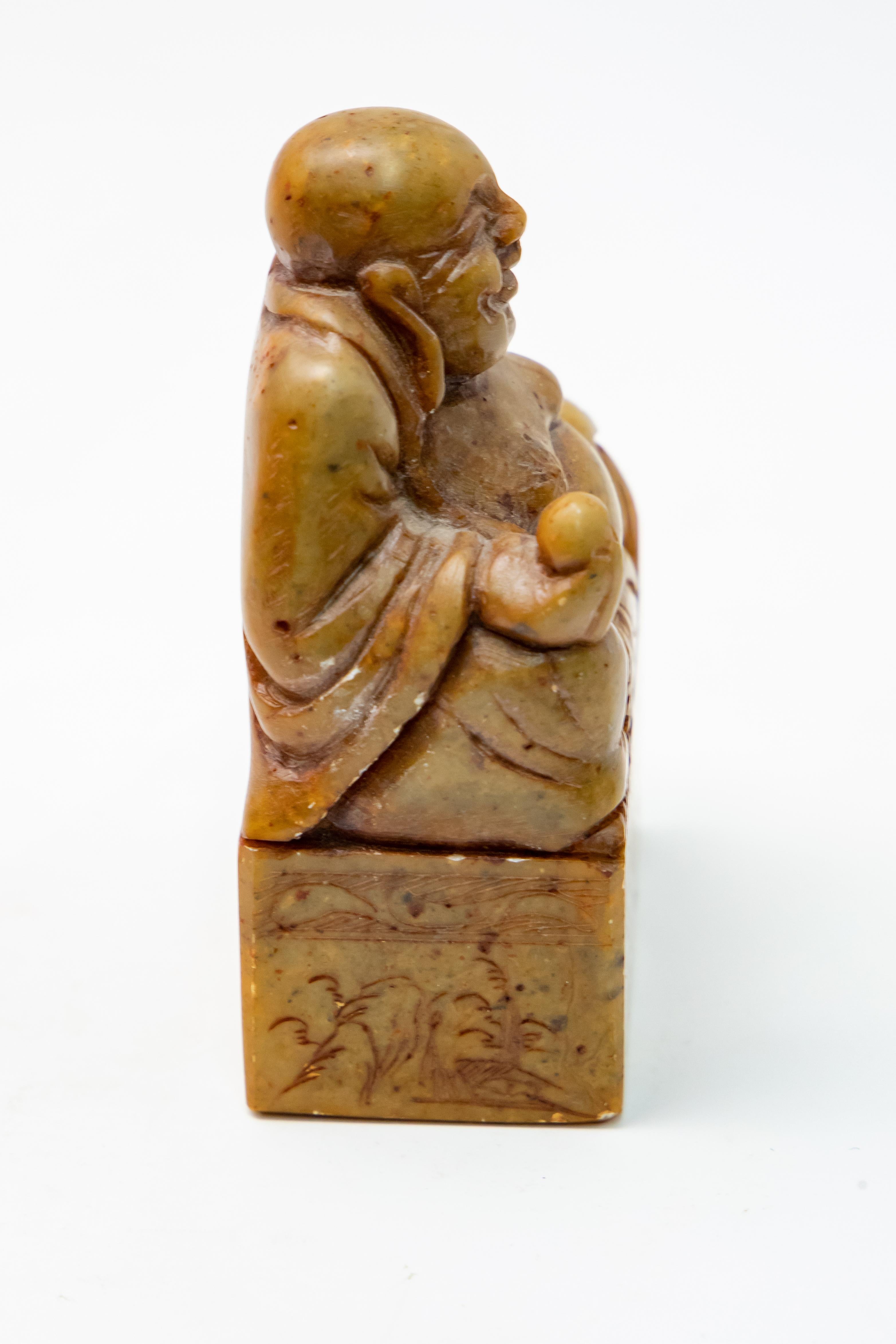Chinese Soapstone with Shoushan Buddha Hand Carved Chop Seal In Fair Condition For Sale In Cookeville, TN