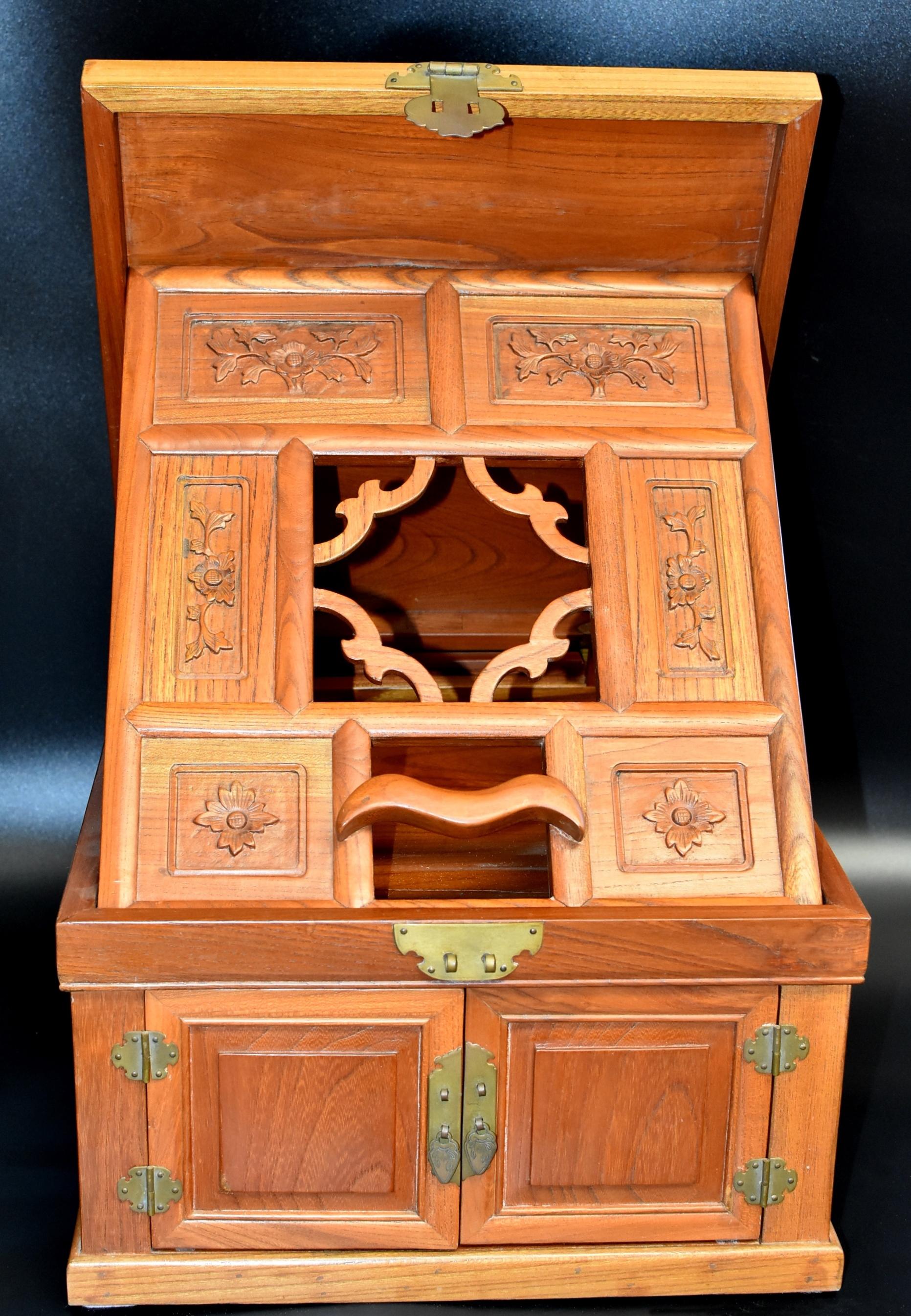 Hand-Carved Chinese Solid Elm Jewelry Box with Carved Flowers For Sale